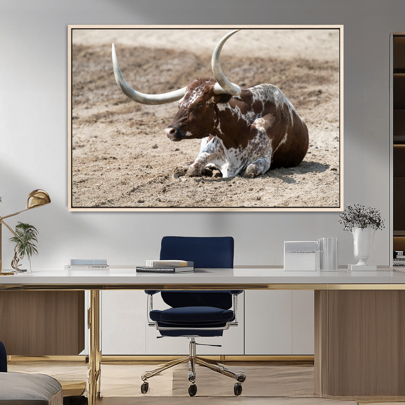 76549210-MGV-FC-36X24_Natural-Texas Longhorn Wall Art Canvas Print, Framed Country Living Art Picture Print, Farmhouse Perfect