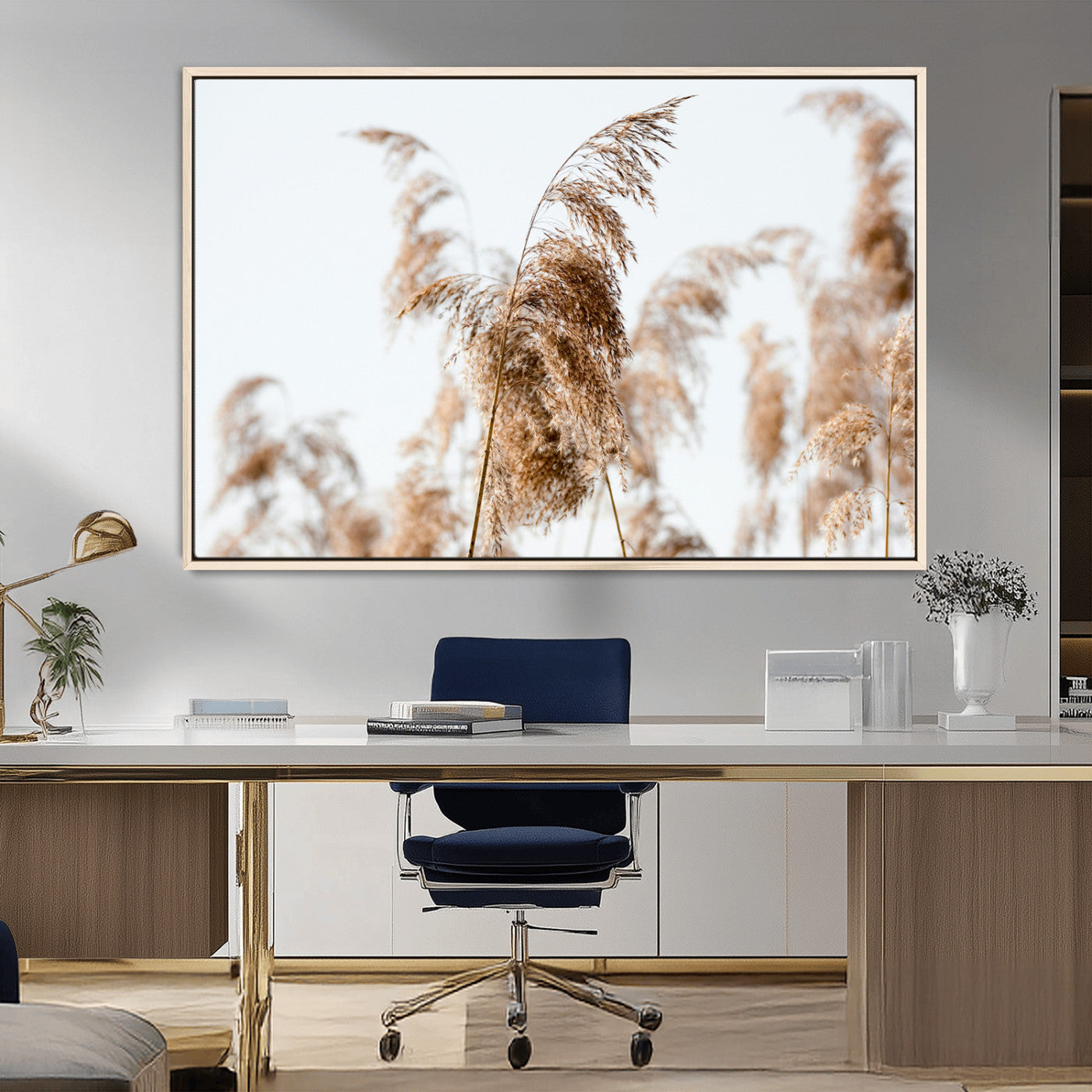 MGV-FC-36X24 - Pampas Grass Wall Art Canvas Print, Framed Neutral Tones Art Picture Print, Minimalist Nature Perfect Boho Decor Artwork