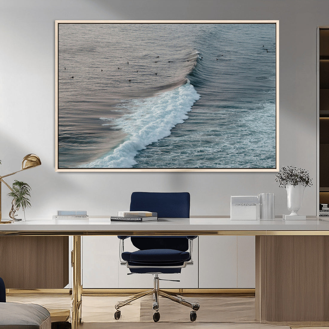Ocean Waves Wall Art Canvas Print, Framed Coastal Serenity Surf Scene