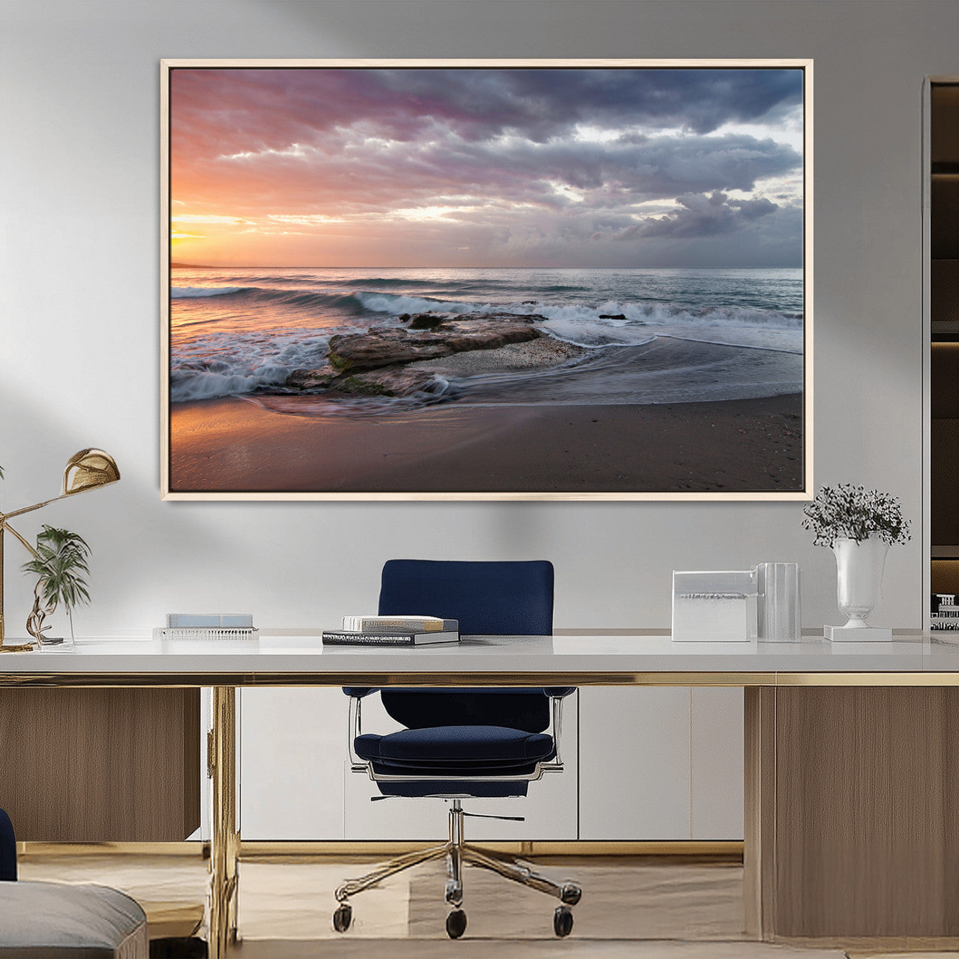 MGV-FC-36X24 - Golden Hour Wall Art Canvas Print, Framed Tranquil Waves Art Picture Print, Beach Perfect Coastal Serenity Decor Artwork