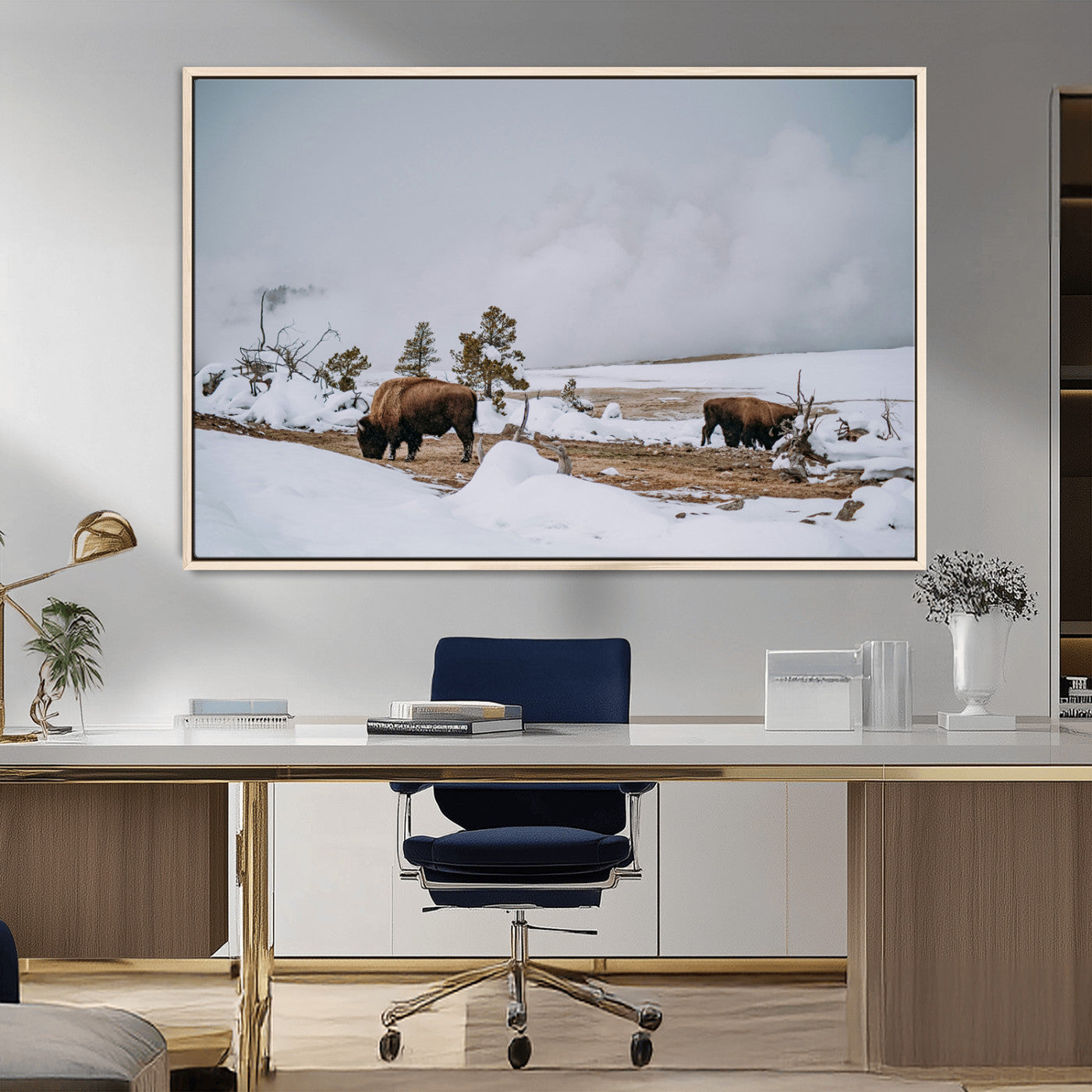 MGV-FC-36X24 - Bison Wildlife Wall Art Canvas Print, Framed Snowy Prairie Art Picture Print, Western Perfect Rustic Decor Artwork