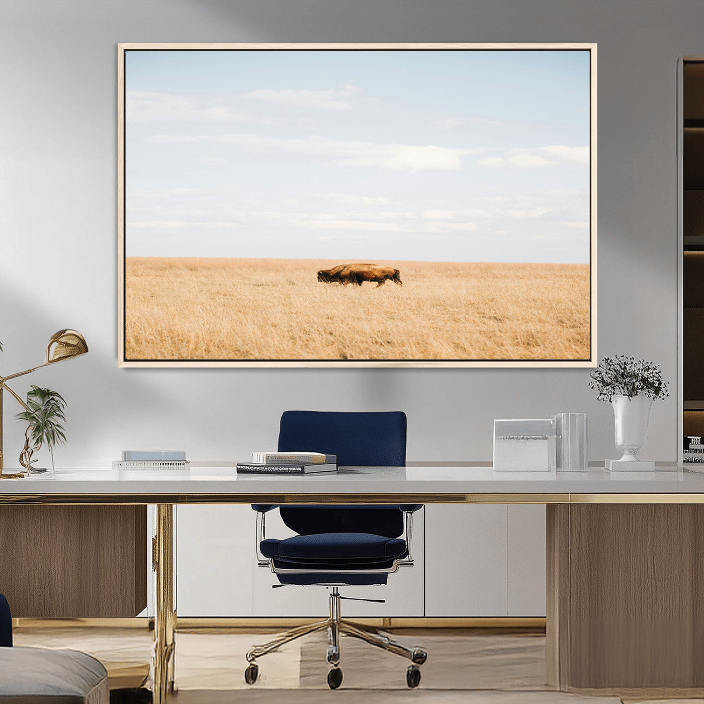 MGV-FC-36X24 - Minimalist Nature Wall Art Canvas Print, Framed Bison In Grassland Art Picture Print, Open Field Perfect Modern Ranch Decor Decor Artwork
