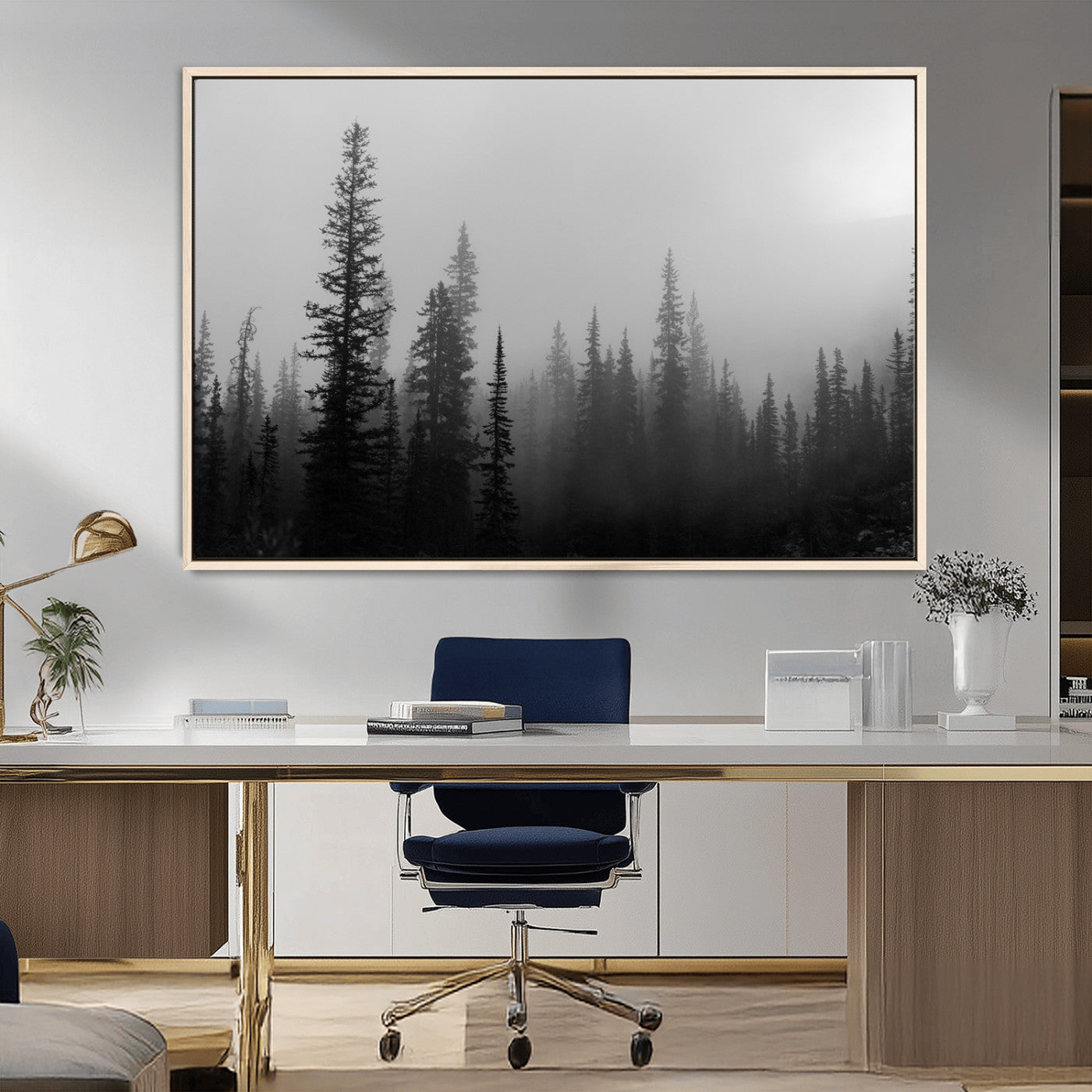 MGV-FC-36X24 - Misty Pines Wall Art Canvas Print, Framed Woodland Photography Art Picture Print, Minimalist Decor Perfect Rustic Decor Artwork