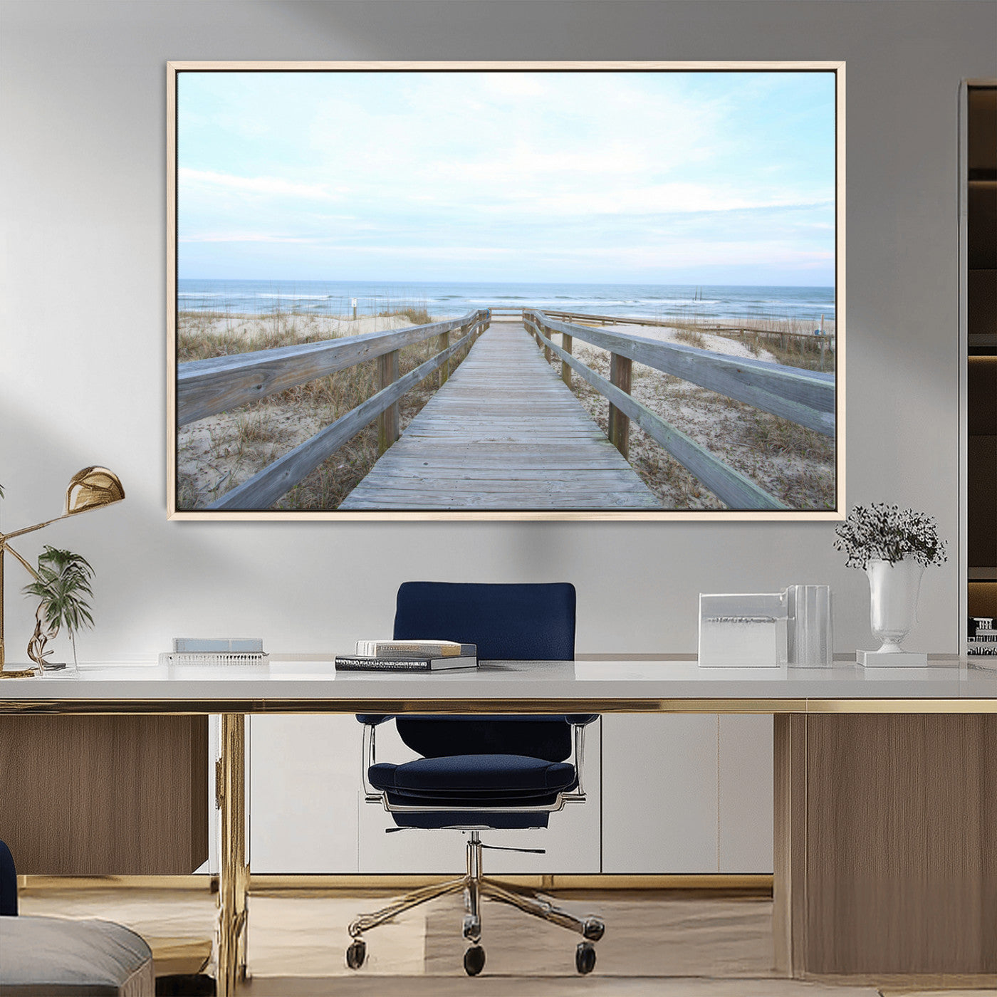 MGV-FC-36X24 - Beach Boardwalk Wall Art Canvas Print, Framed Coastal Serenity Art Picture Print, Ocean View Perfect Coastal Decor Artwork