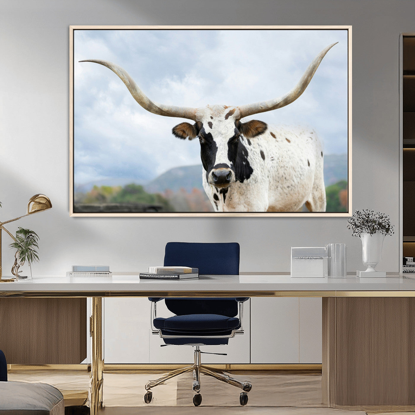 MGV-FC-36X24 - Texas Longhorn Wall Art Canvas Print, Framed Western Rustic Art Picture Print, Farmhouse Decor Perfect Farmhouse Decor Artwork