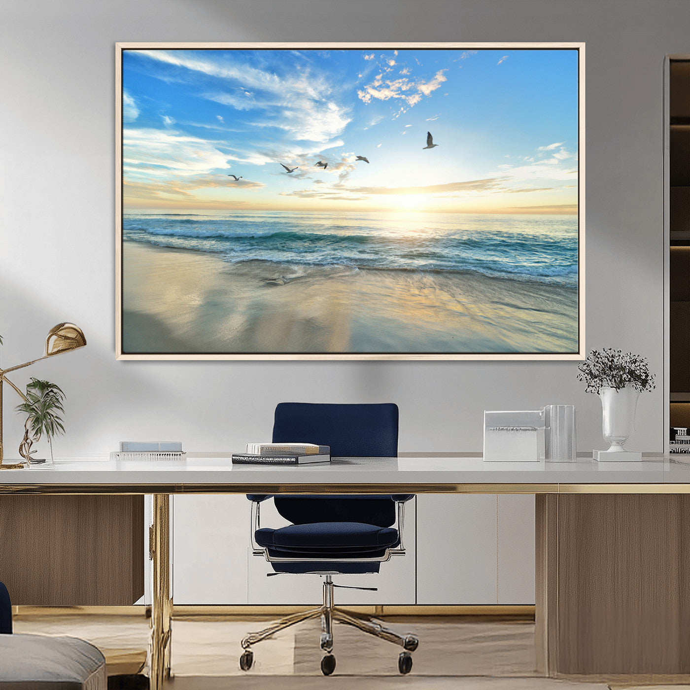 MGV-FC-36X24 - Minimalist Seaside Wall Art Canvas Print, Framed Morning Glow Art Picture Print, Golden Reflections Perfect Coastal Minimalist Decor Artwork