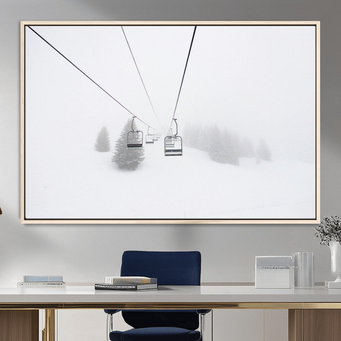 Ski Lift Wall Art Canvas Print, Framed Snowy Landscape Art, Alpine Adventure Nordic Minimalist Decor