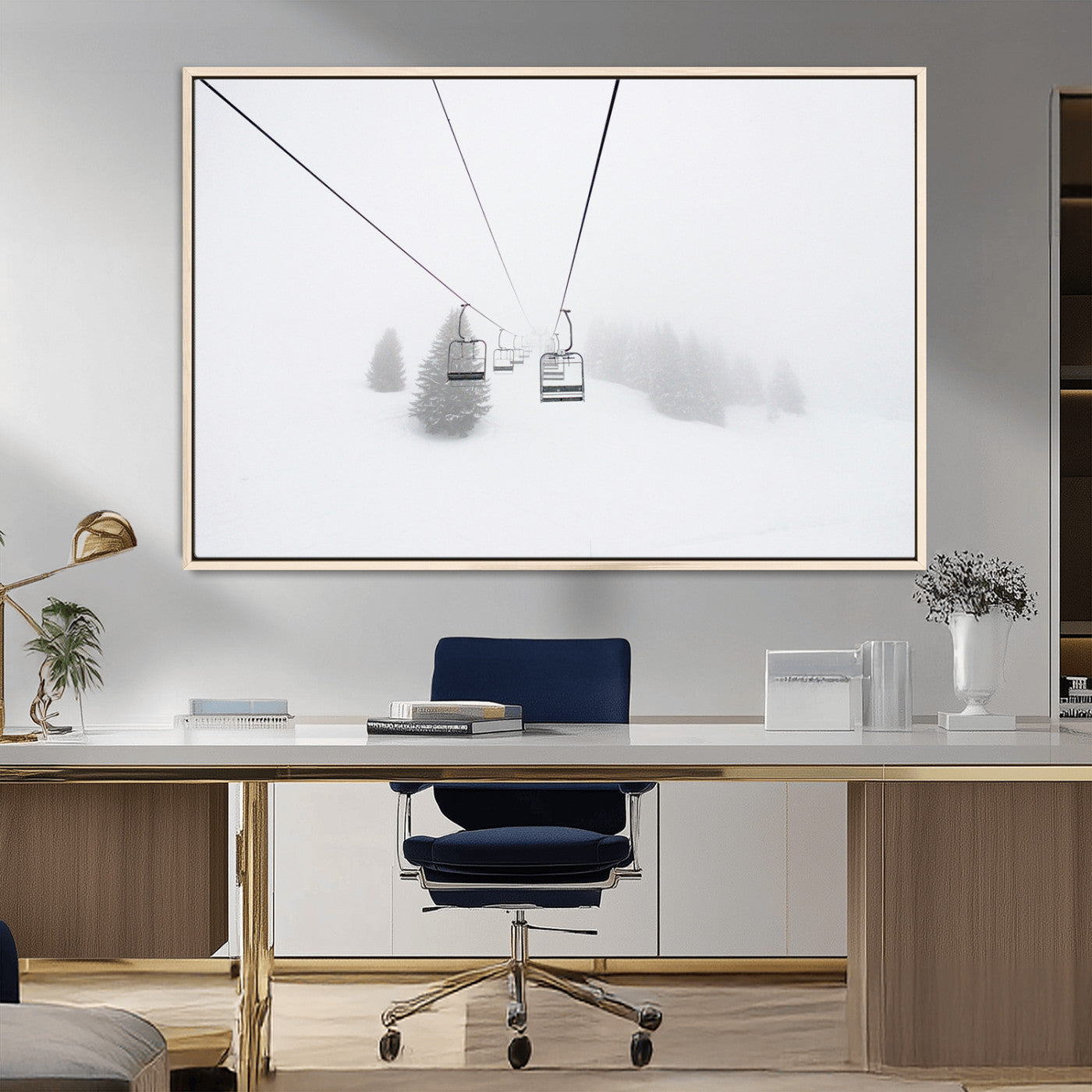 MGV-FC-36X24 - Ski Lift Wall Art Canvas Print, Framed Snowy Landscape Art Picture Print, Alpine Adventure Perfect Nordic Minimalist Decor Artwork