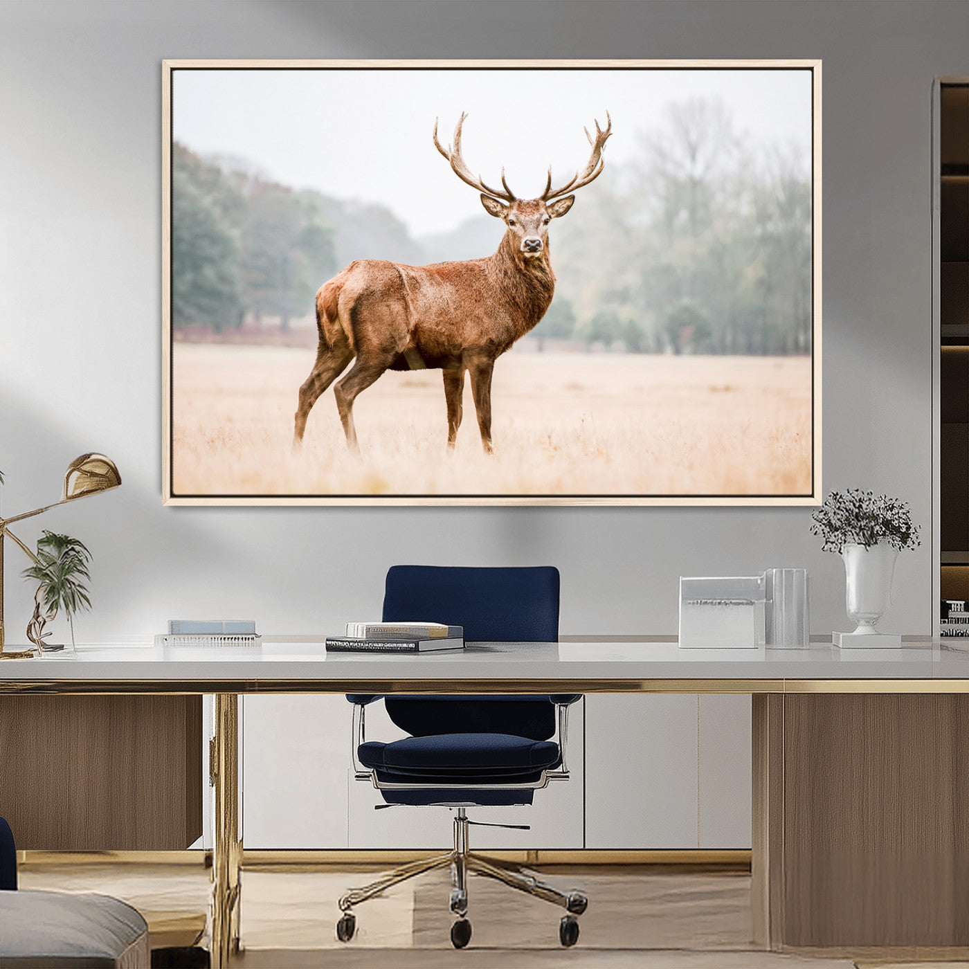 MGV-FC-36X24 - Vintage Wildlife Art Wall Art Canvas Print, Framed Misty Landscape Art Picture Print, Deer Wall Art Perfect Rustic Wildlife Decor Artwork
