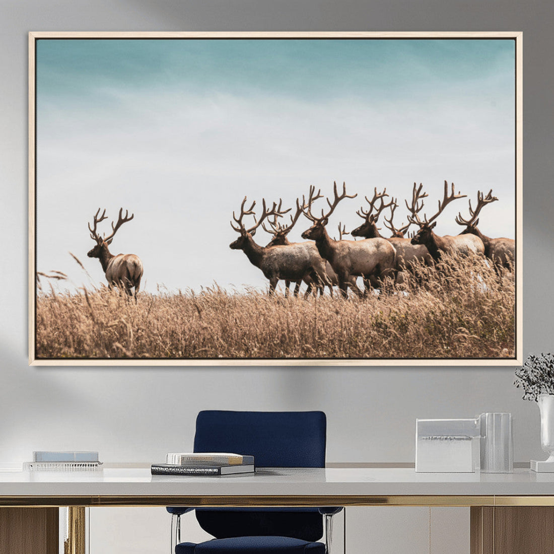 Elk Herd Wall Art Canvas Print, Framed Wildlife Photography Antler Art, Rustic Nature Wildlife Decor