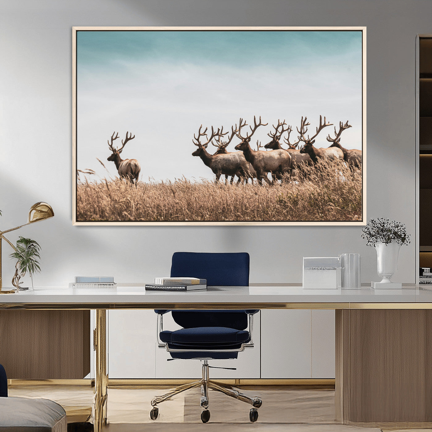 MGV-FC-36X24 - Elk Herd Wall Art Canvas Print, Framed Wildlife Photography Art Picture Print, Rustic Nature Print Perfect Rustic Wildlife Decor Artwork