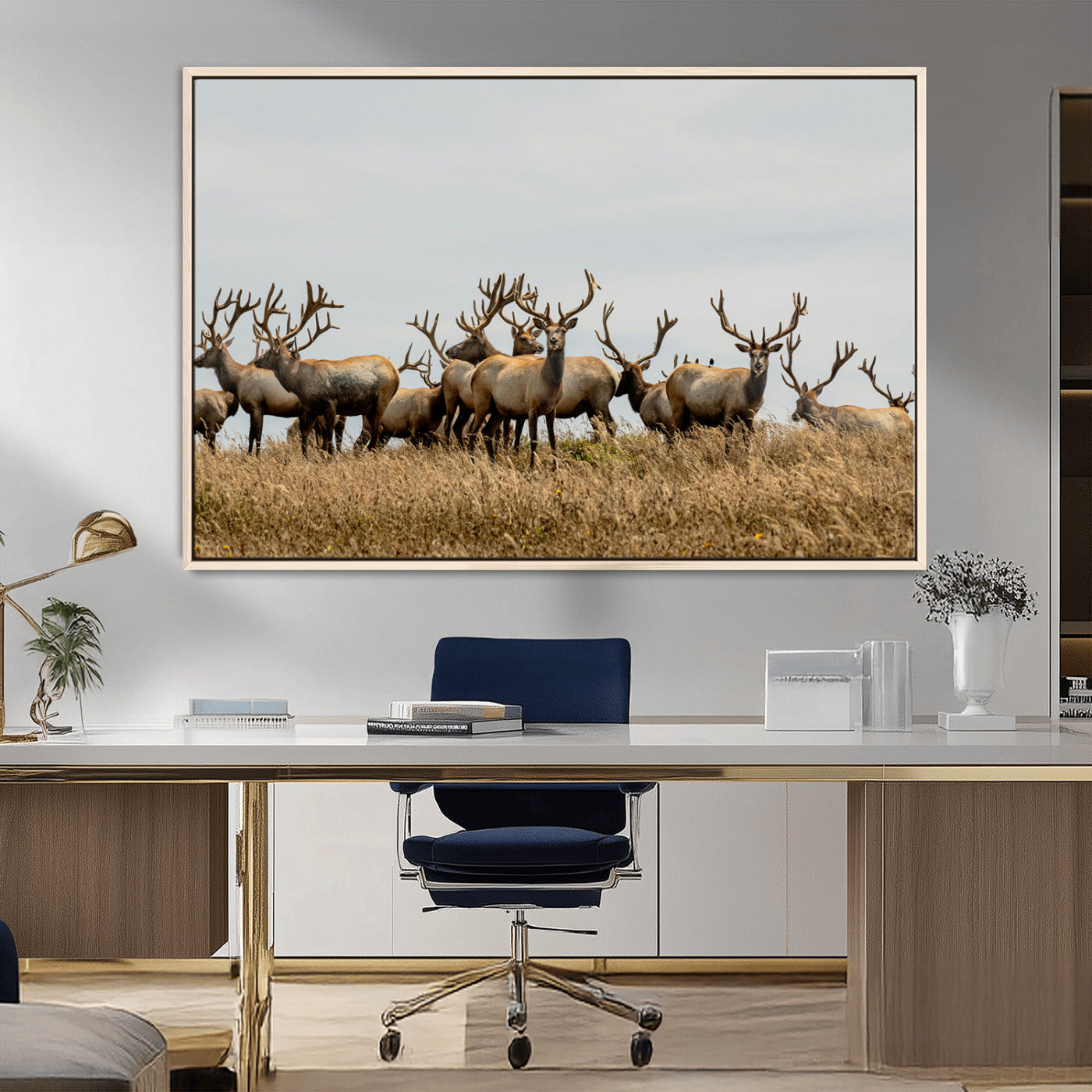 MGV-FC-36X24 - Elk Herd Wall Art Canvas Print, Framed Wildlife Photography Art Picture Print, Majestic Antlers Perfect Rustic Wildlife Decor Artwork
