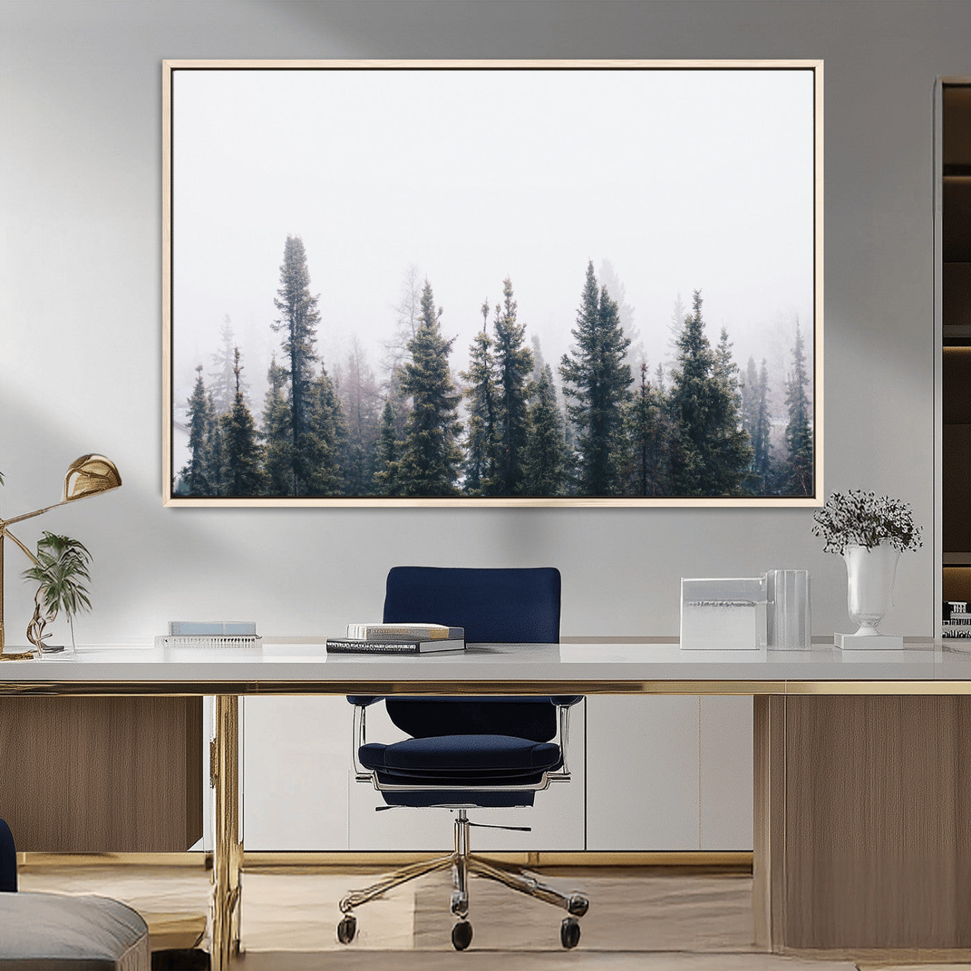 MGV-FC-36X24 - Foggy Forest Wall Art Canvas Print, Framed Misty Pines Art Picture Print, Moody Woodland Perfect Scandinavian Minimalist Decor Artwork