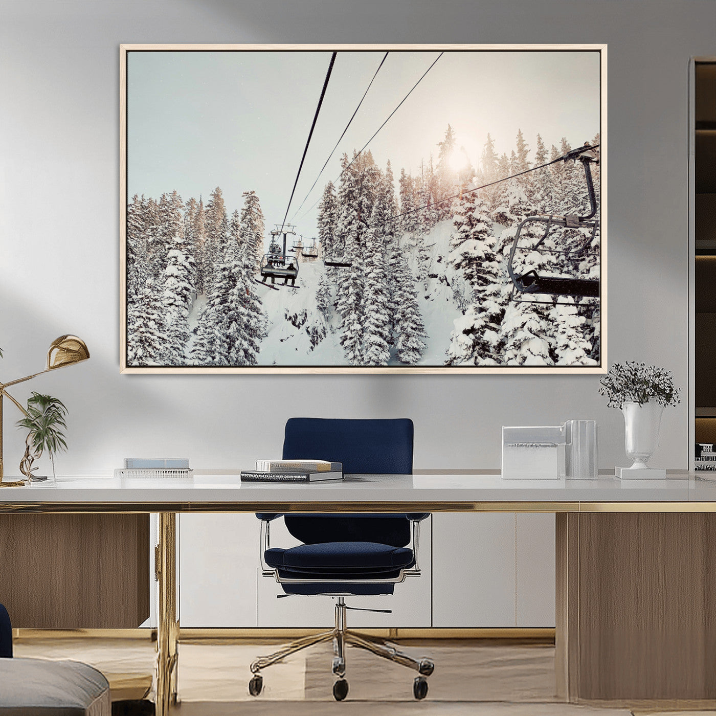 MGV-FC-36X24 - Frosty Pines Wall Art Canvas Print, Framed Cozy Cabin View Art Picture Print, Ski Lift Ride Perfect Rustic Lodge Decor Artwork