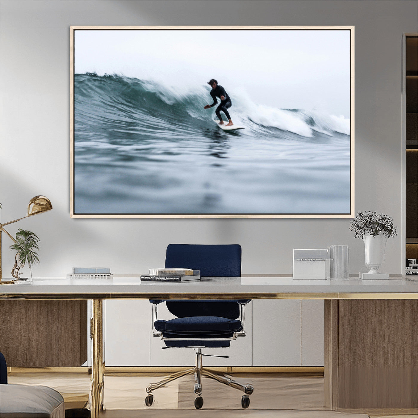 MGV-FC-36X24 - Surfer on Wave Wall Art Canvas Print, Framed Ocean Adventure Art Picture Print, Motion Blur Water Perfect Coastal Adventure Decor Artwork