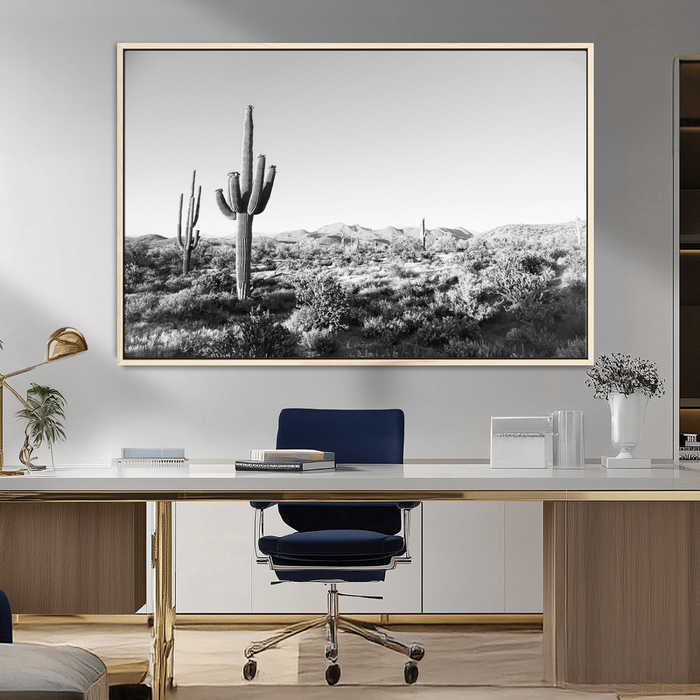 MGV-FC-36X24 - Saguaro Cactus Wall Art Canvas Print, Framed Monochrome Landscape Art Picture Print, Scenic Arizona View Perfect Minimalist Western Decor Artwork