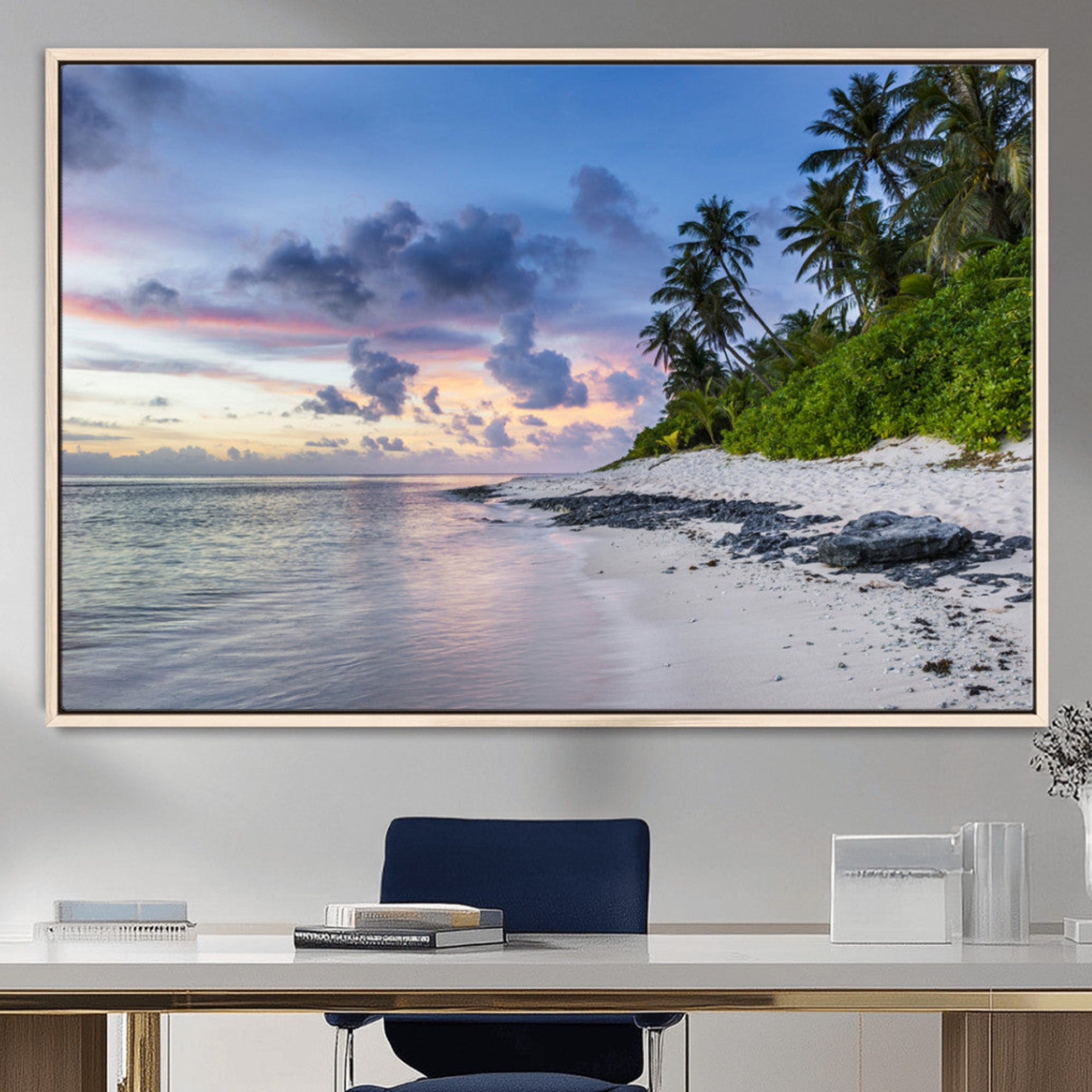 75045485-MGV-CV-36X24-Tropical Beach Wall Art Canvas Print – Framed Sunset Glow Palm Tree Coast Tropical Coastal Landscape Artwork for Home, Office