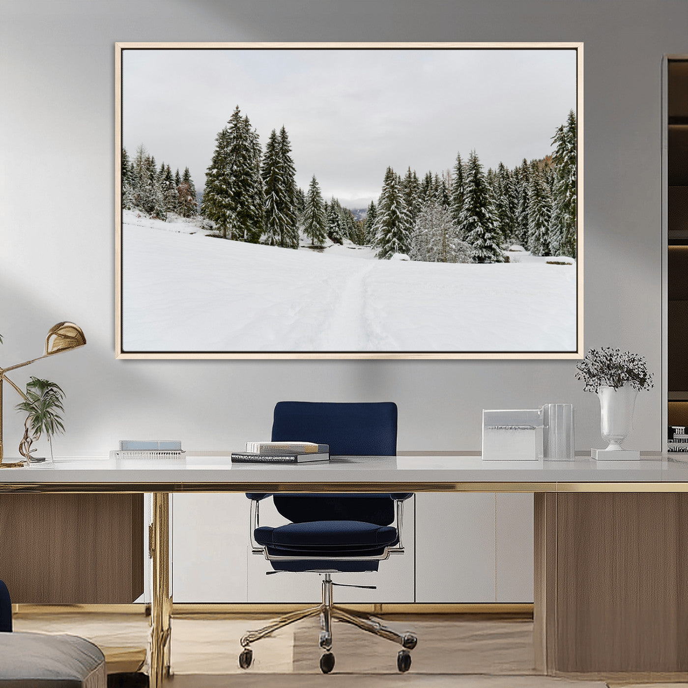MGV-FC-36X24 - Frosty Pines Wall Art Canvas Print, Framed Silent Snowfall Art Picture Print, Cozy Cabin Vibes Perfect Nordic Minimalist Decor Artwork