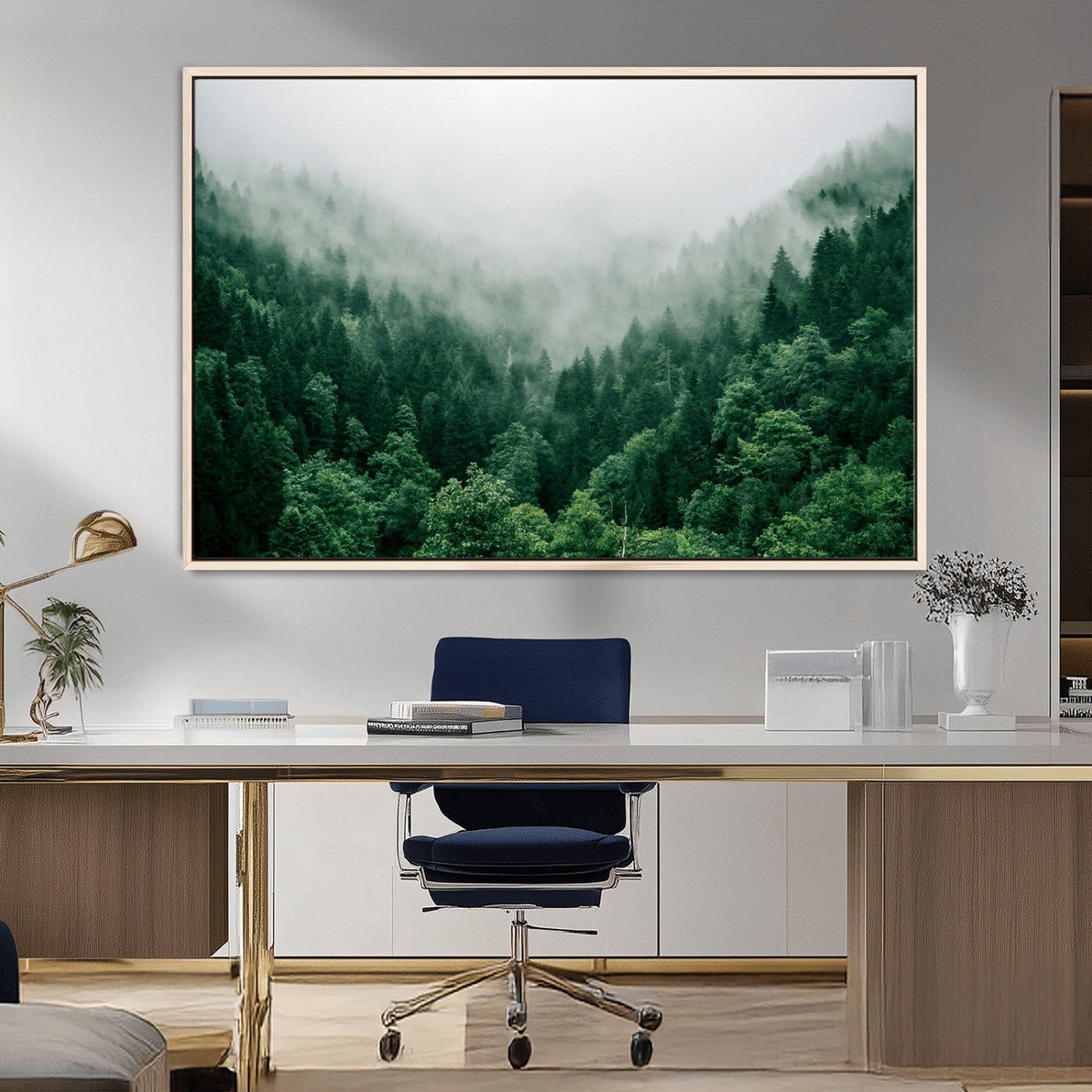 MGV-FC-36X24 - Misty Green Forest Canvas Print – Serene Foggy Pine Landscape Wall Art, Tranquil Nature Decor for