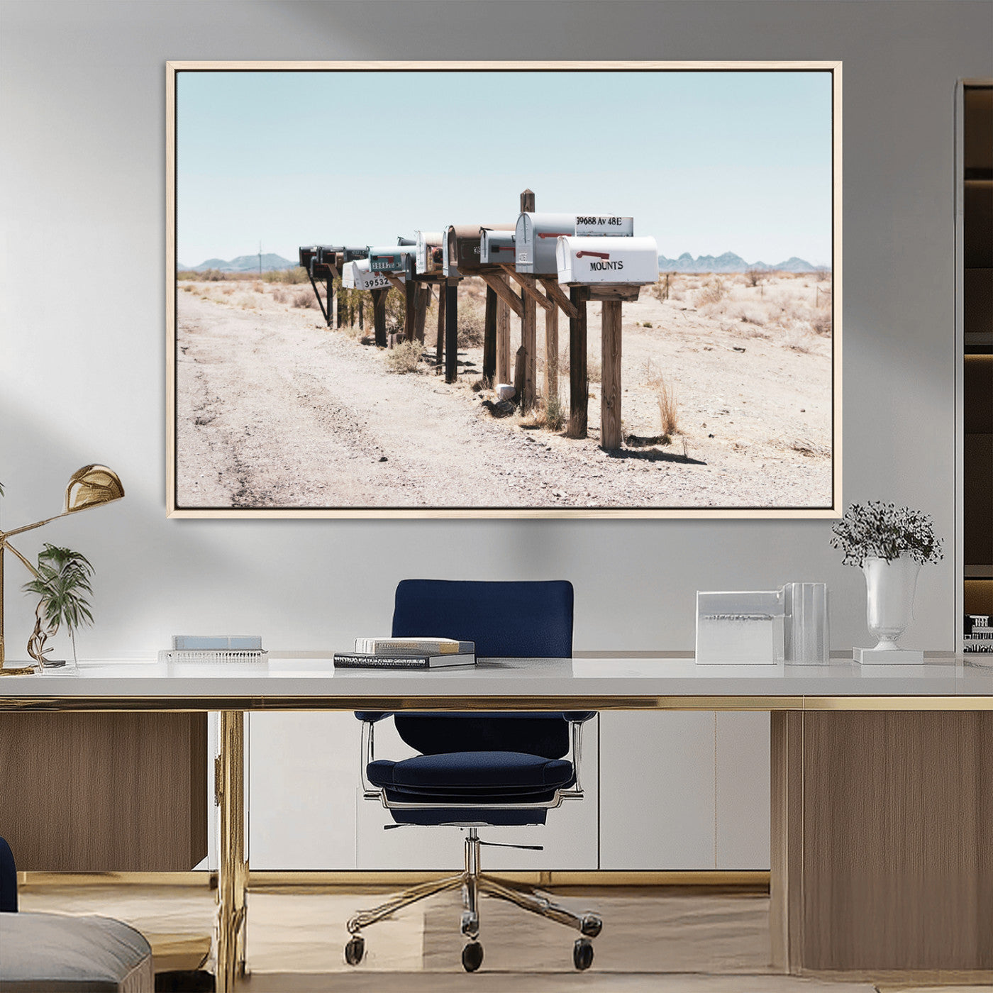 MGV-FC-36X24 - Desert Mailboxes Canvas Print – Minimal Western Landscape Photography, Rustic Americana Wall Art for