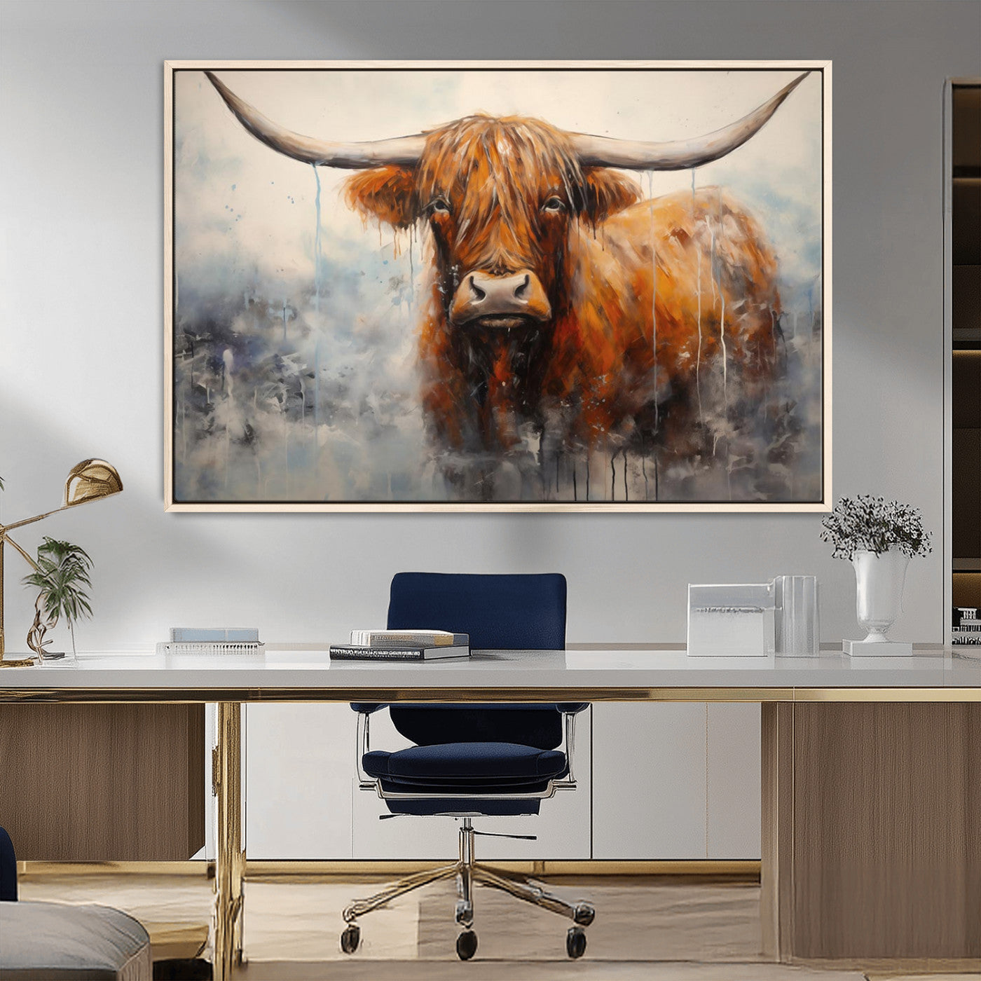 MGV-FC-36X24 - Scottish Highland Wall Art Canvas Print, Framed Longhorn Art Picture Print, Western Cow Perfect Farmhouse Decor Artwork