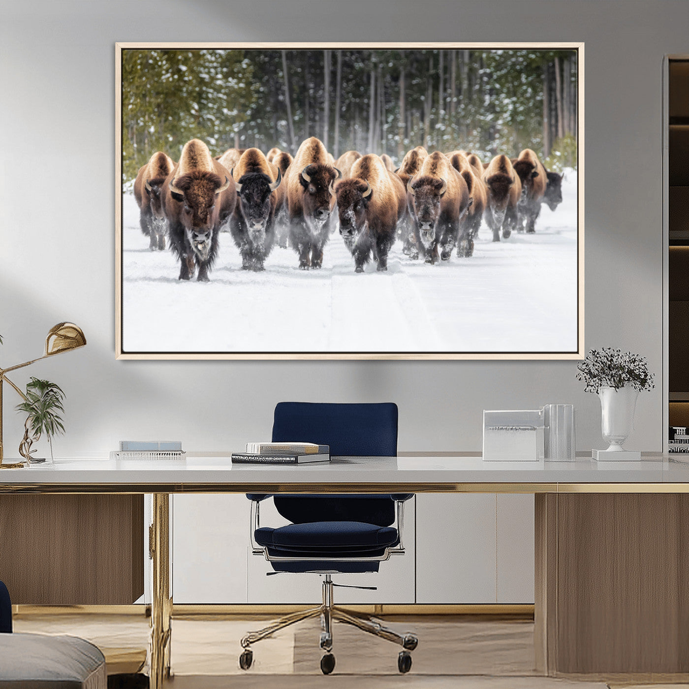 MGV-FC-36X24 - American Bison Herd in Snow Wall Art Canvas Print – Powerful Winter Wildlife Scene with Buffalo in