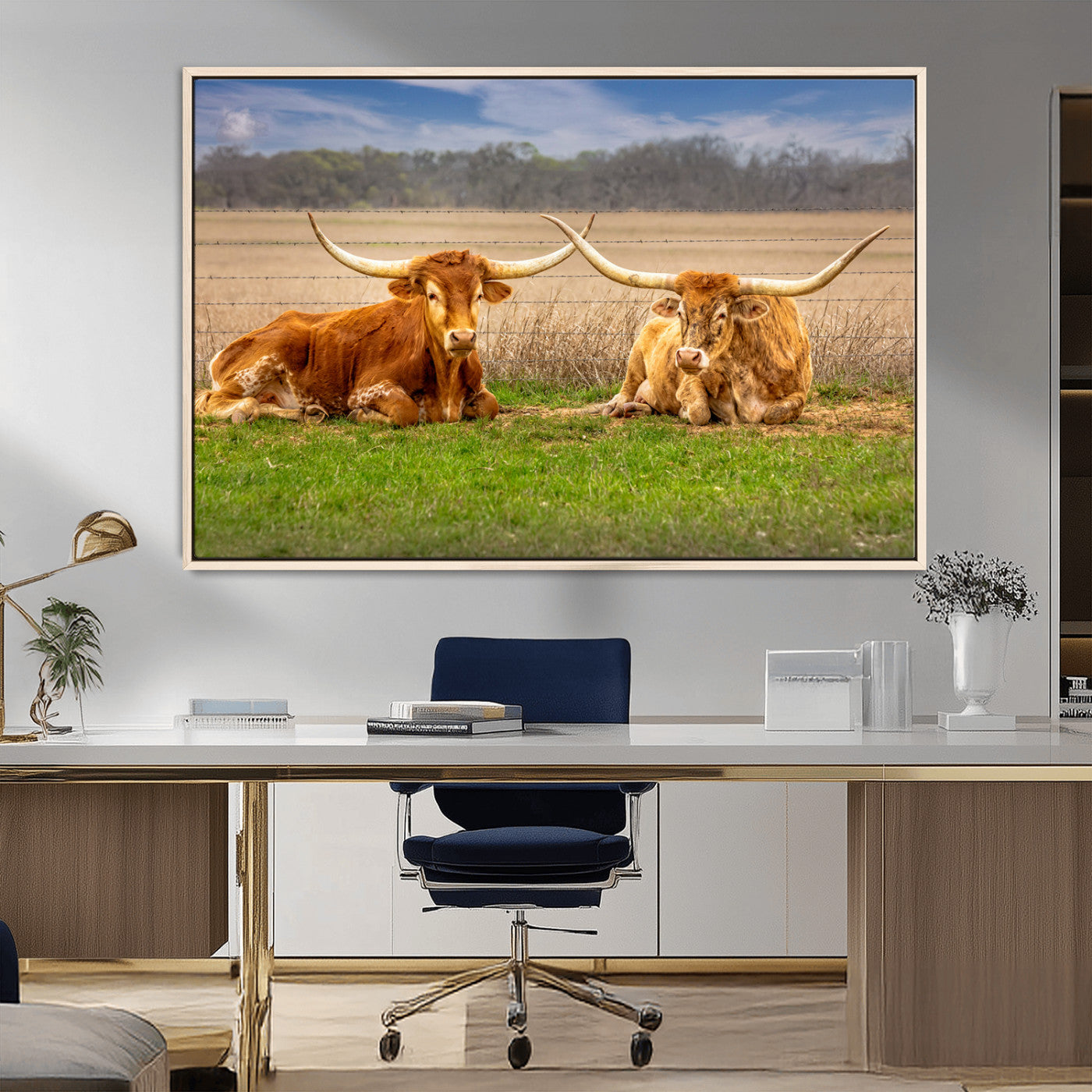 MGV-FC-36X24 - Texas Longhorn Pair Wall Art Canvas Print – Peaceful Rustic Ranch Scene with Two Cattle in Field,