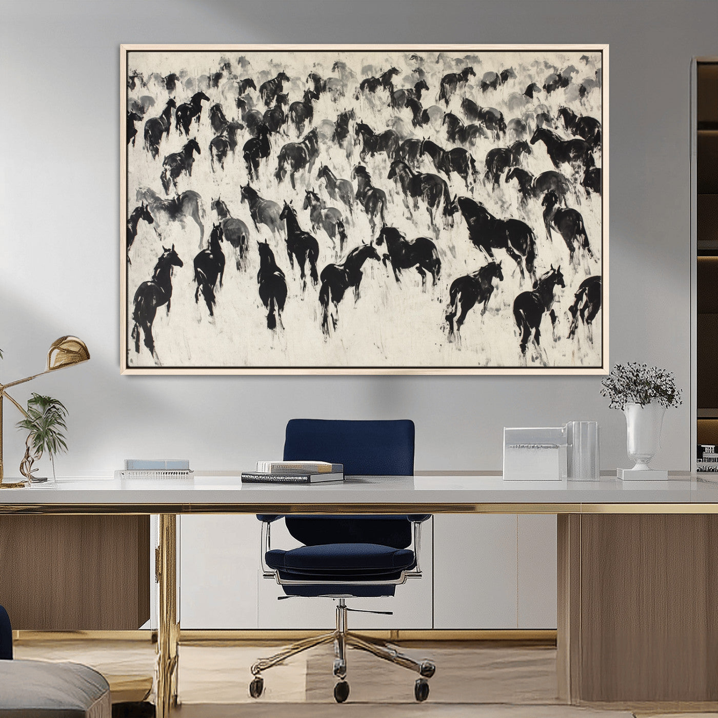 MGV-FC-36X24 - Wild Horse Stampede Wall Art Canvas Print – Monochrome Ink Brush Painting of Running Horses, Perfect
