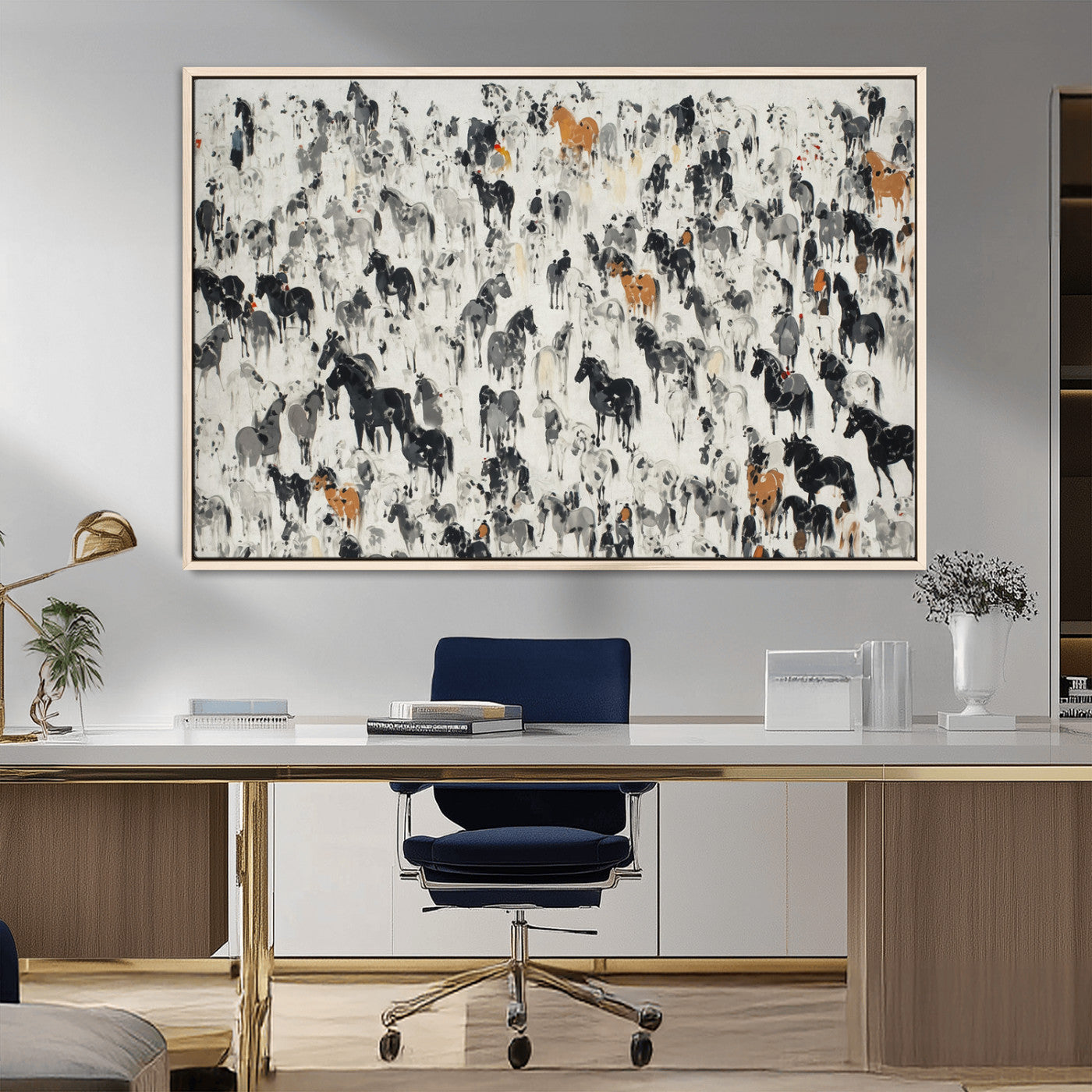 MGV-FC-36X24 - Wild Horse Stampede Wall Art Canvas Print – Monochrome Ink Brush Painting of Running Horses, Perfect