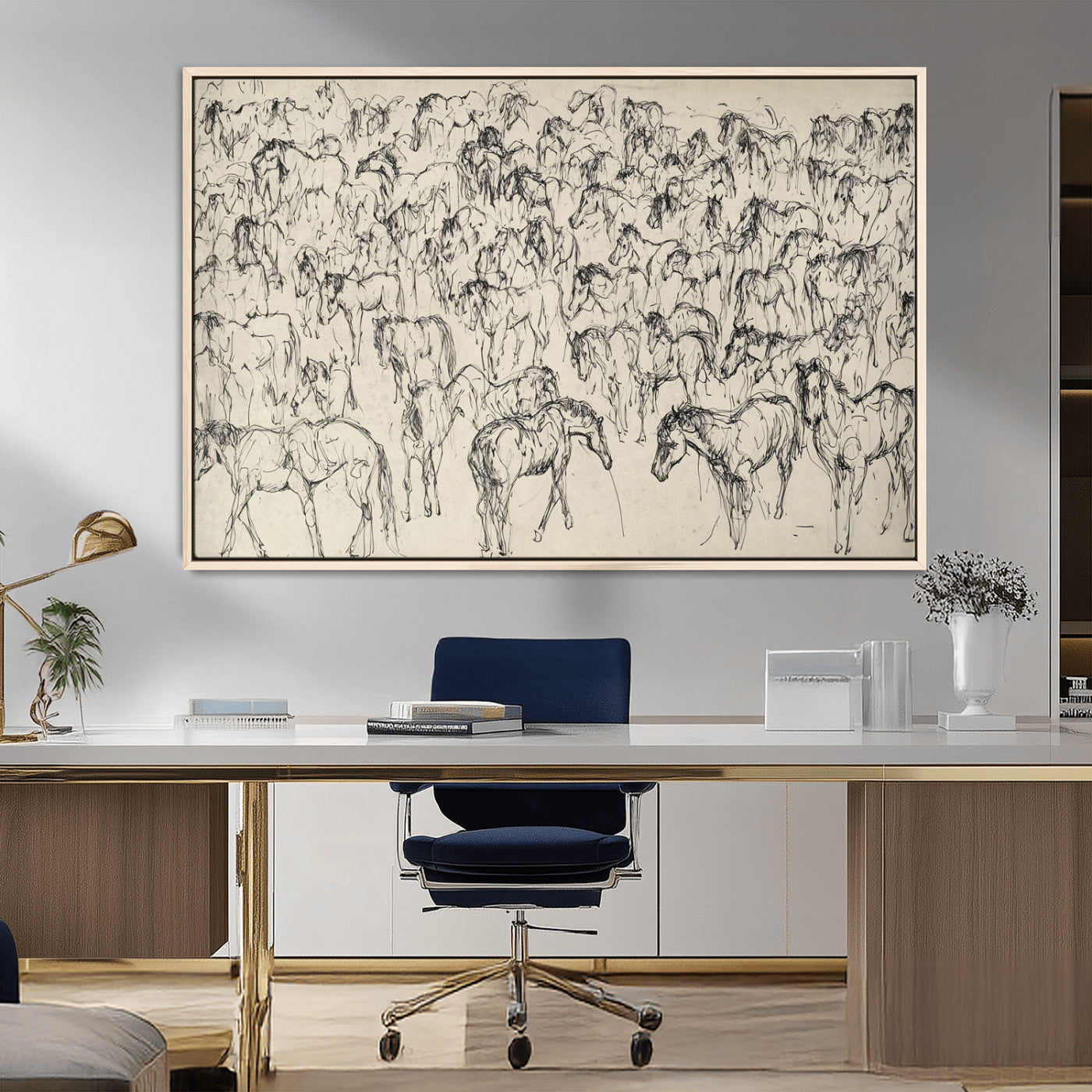 MGV-FC-36X24 - Wild Horse Stampede Wall Art Canvas Print – Monochrome Ink Brush Painting of Running Horses, Perfect