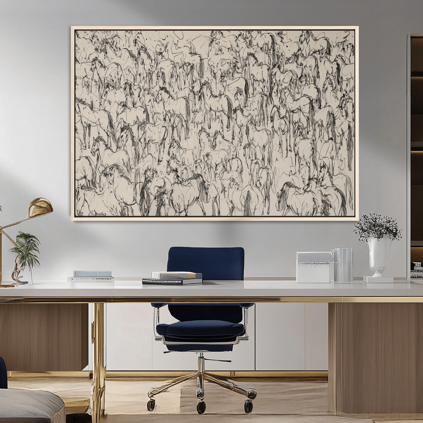 MGV-FC-36X24 - Wild Horse Stampede Wall Art Canvas Print – Monochrome Ink Brush Painting of Running Horses, Perfect