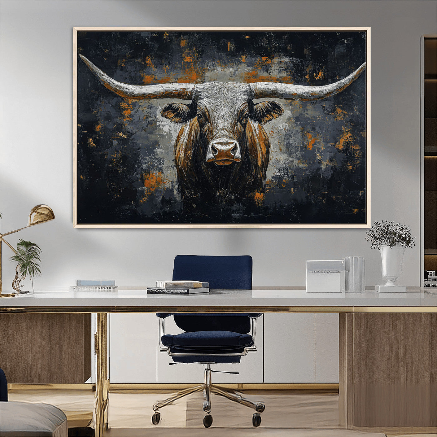 93195031-MGV-CV-36X24-Rustic Longhorn Bull Wall Art Canvas Print – Vintage Western Cattle Painting, Texas Steer Artwork for Ranch, Farmhouse or Cowboy Decor