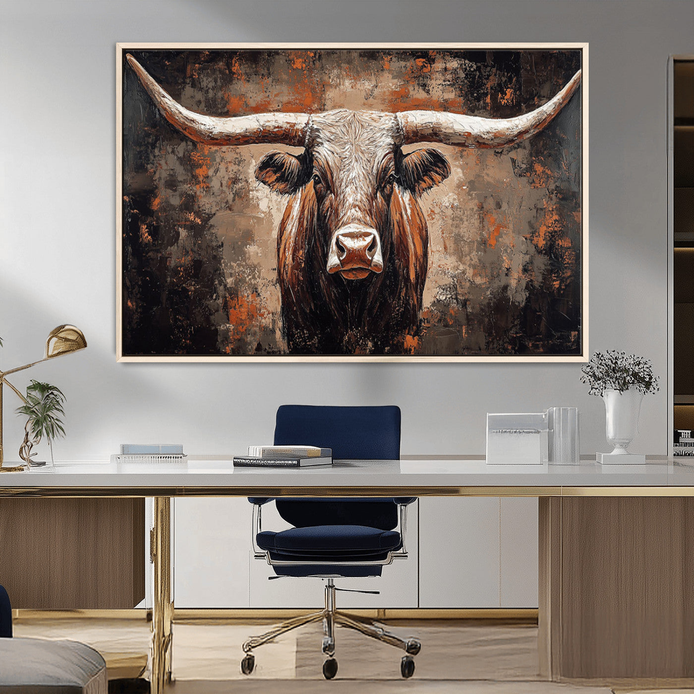 42732393-MGV-CV-36X24-Rustic Longhorn Bull Wall Art Canvas Print – Vintage Western Cattle Painting, Texas Steer Artwork for Ranch, Farmhouse or Cowboy Decor