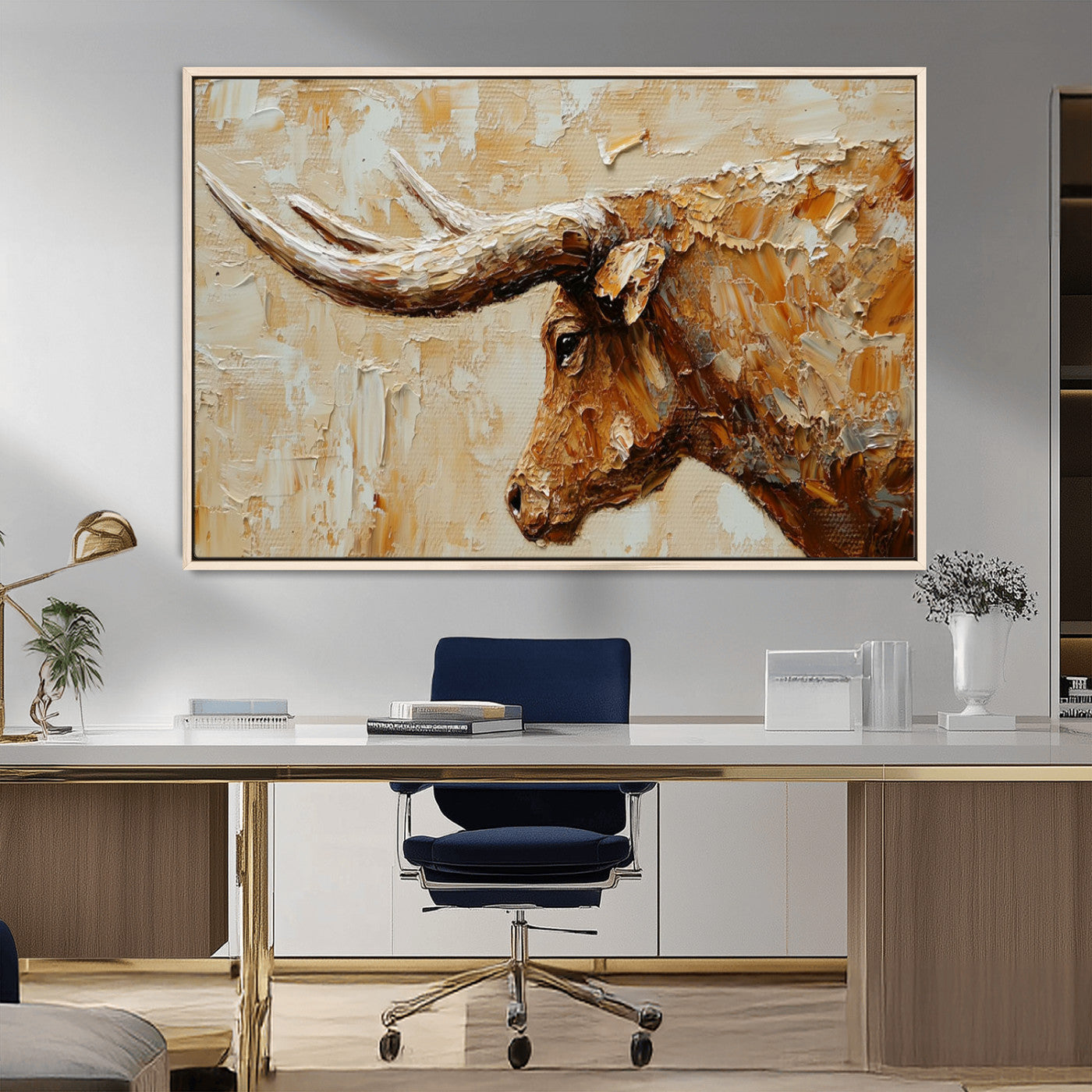 Rustic Longhorn Bull Wall Art Canvas Print – Vintage Western Cattle Painting, Texas Steer Artwork for Ranch, Farmhouse or Cowboy Decor