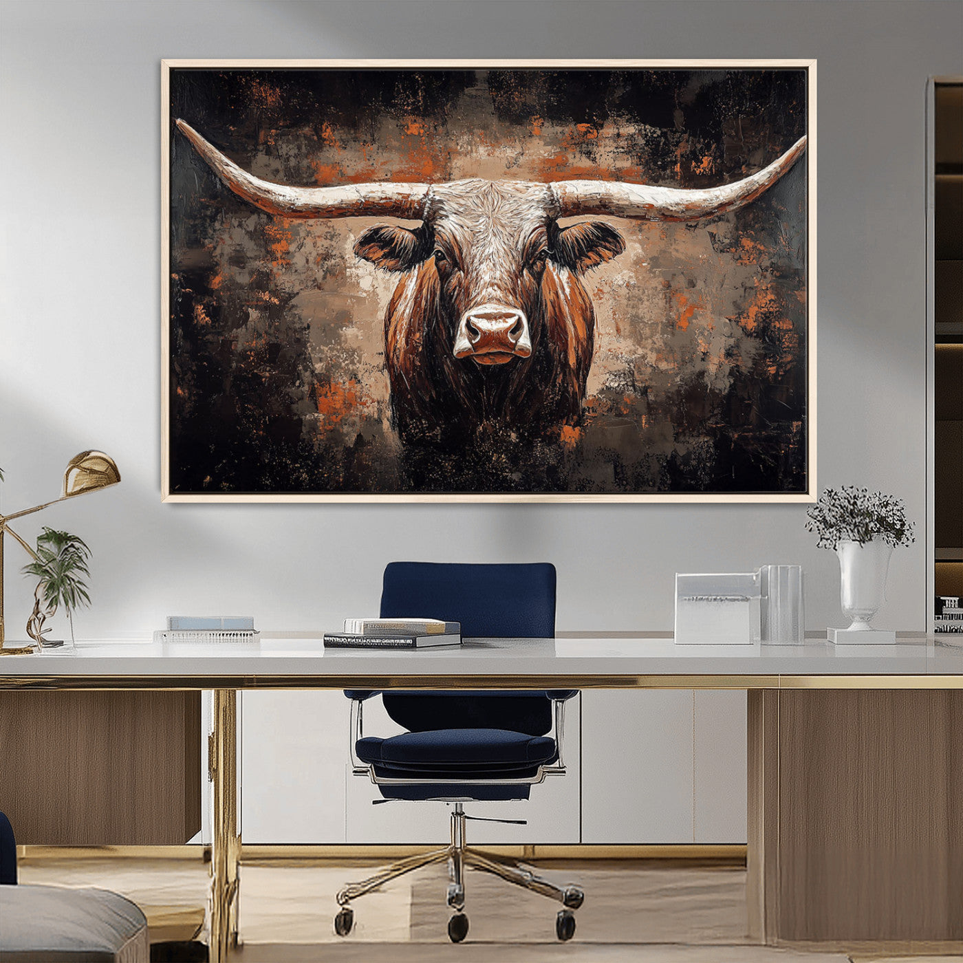 Rustic Longhorn Bull Wall Art Canvas Print – Vintage Western Cattle Painting, Texas Steer Artwork for Ranch, Farmhouse or Cowboy Decor