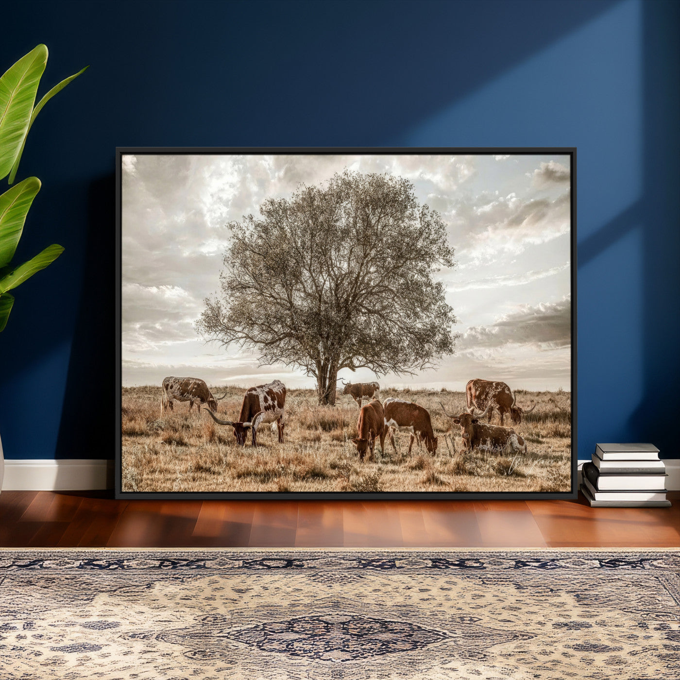87590224-MGV-CV-36X24 - Texas Longhorn Cattle Wall Art Canvas Print – Rustic Western Ranch Scene with Steers at Sunset, Perfect for Farmhouse or Cowboy Decor