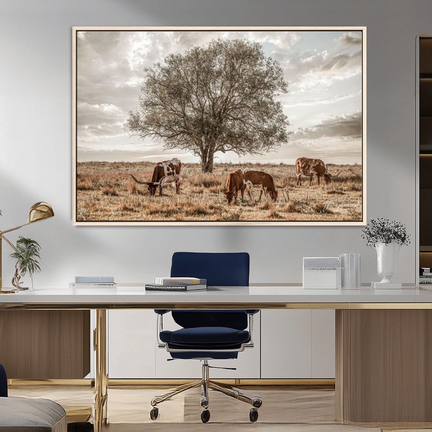 Texas Longhorn Cattle Wall Art Canvas Print – Rustic Western Ranch Scene with Steers at Sunset, Perfect for Farmhouse or Cowboy Decor