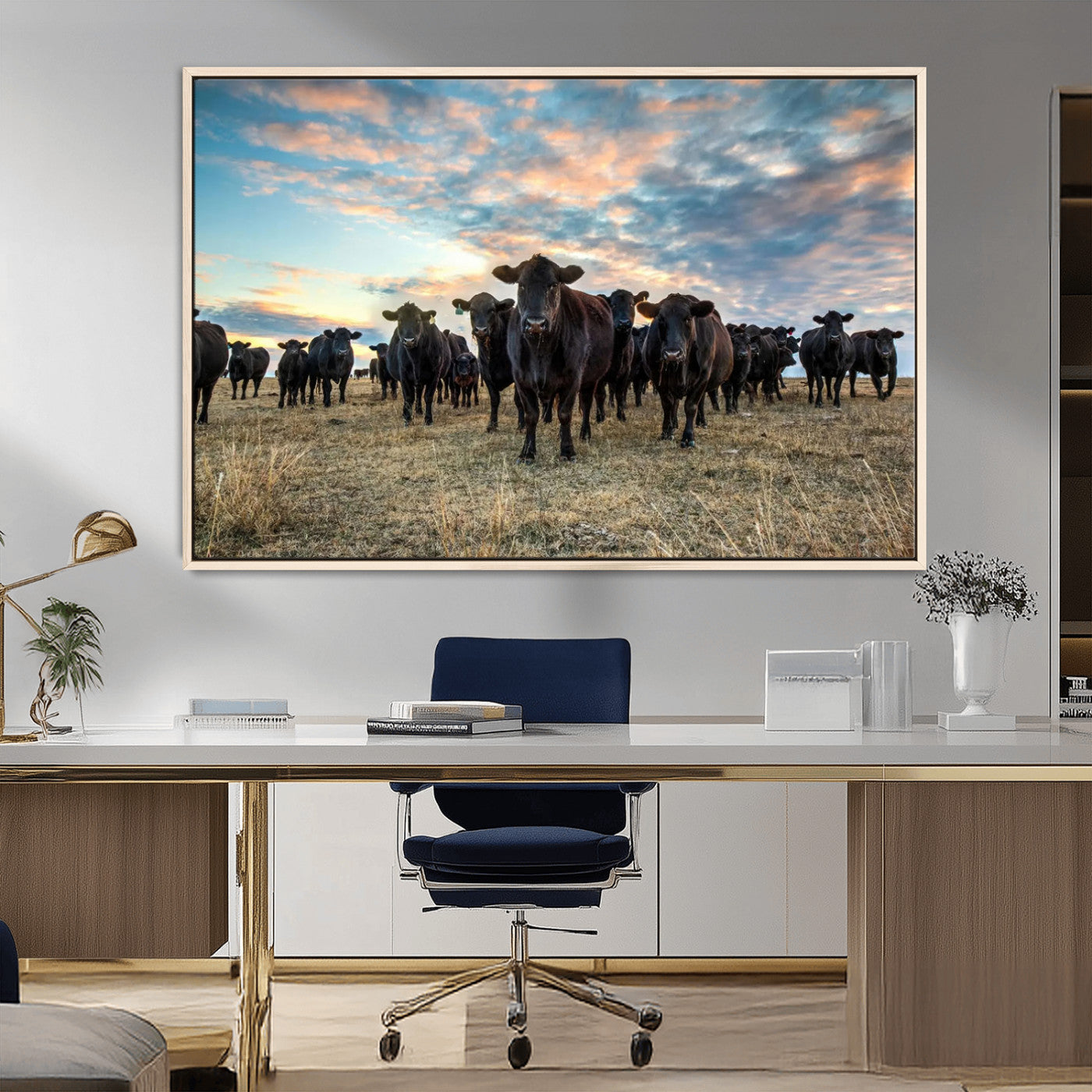 13867292-MGV-CV-36X24-Texas Longhorn Cattle Wall Art Canvas Print – Rustic Western Ranch Scene with Steers at Sunset, Perfect for Farmhouse or Cowboy Decor