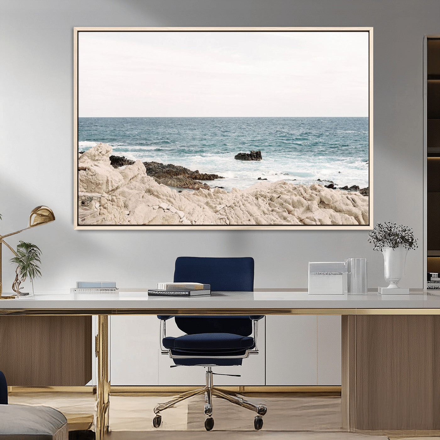 Coastal Ocean View Wall Art Canvas Print – Serene Rocky Shoreline and Blue Sea Photography for Coastal Chic or Minimalist Home Decor