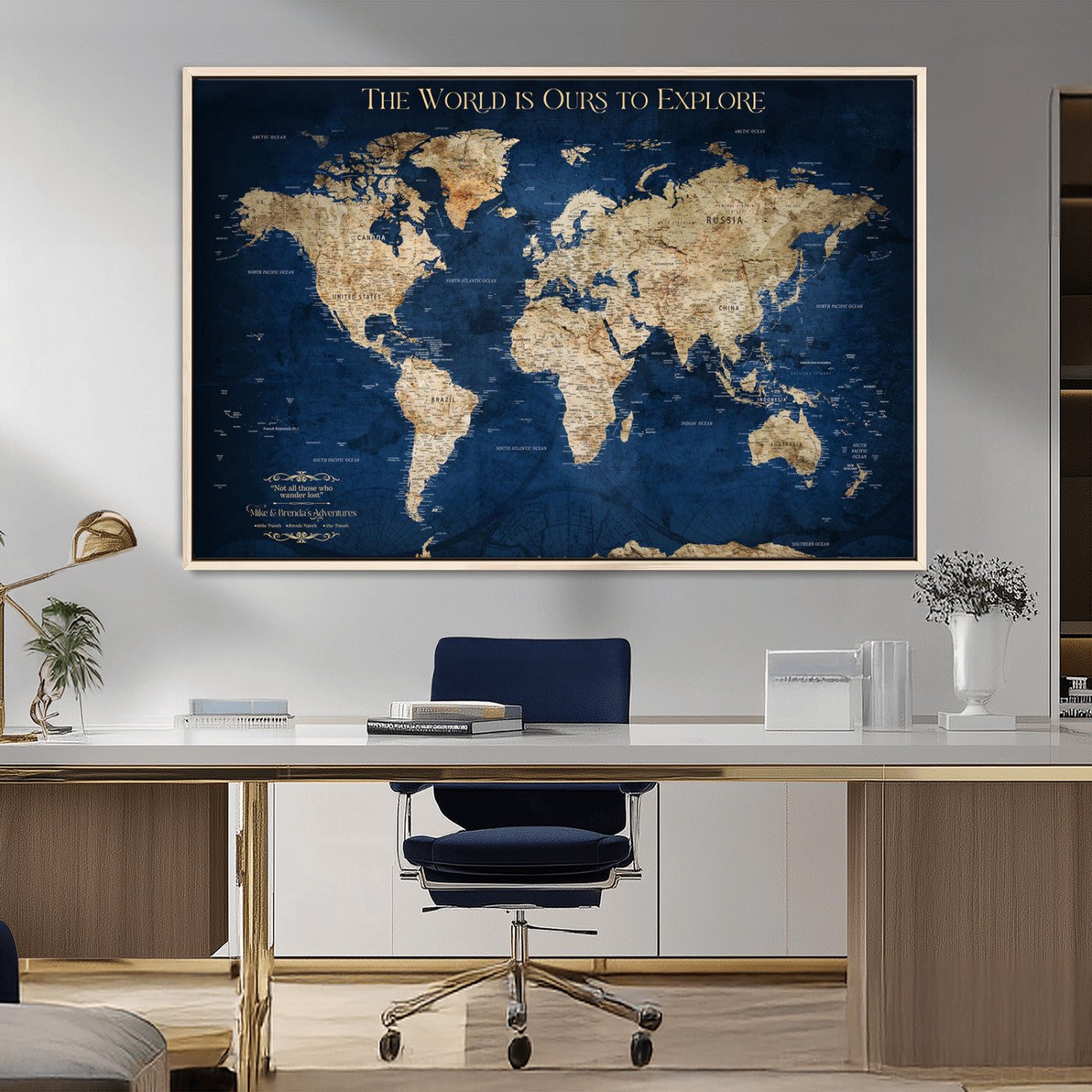 10181149-MGV-CV-36X24-Custom Push Pin World Map Wall Canvas Print – Personalized Travel Tracker with Pins – Framed Large