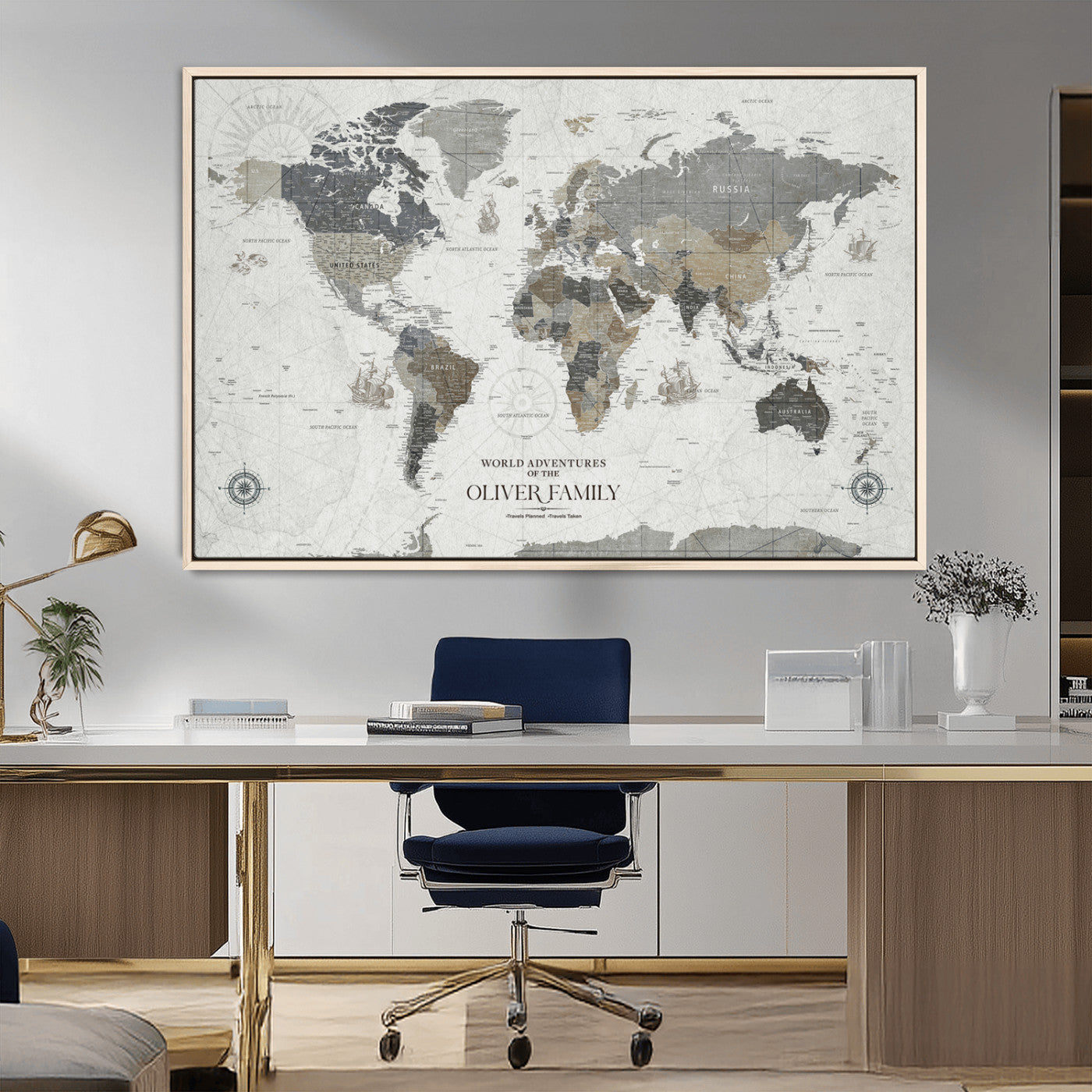 MGV-FC-36X24 - Custom Push Pin World Map Wall Canvas Print – Personalized Travel Tracker with Pins – Framed Large Multi-Size Canvas for Home Office Decor