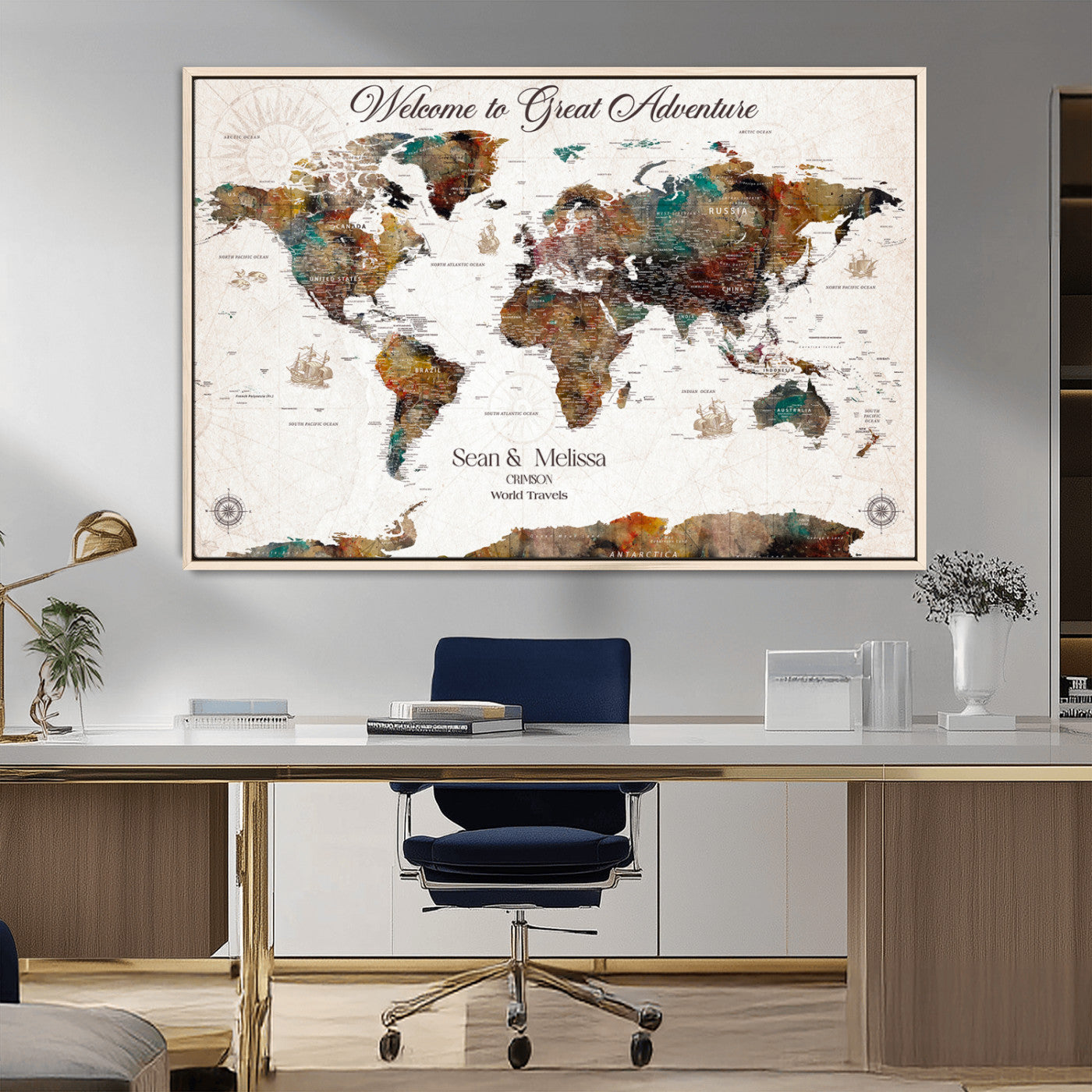 92462592-MGV-CV-36X24-Customize Push Pin World Map Wall Canvas Print – Personalizable Travel World Map with Pins – Framed Personalized Map Print for Couple Gift - H31
