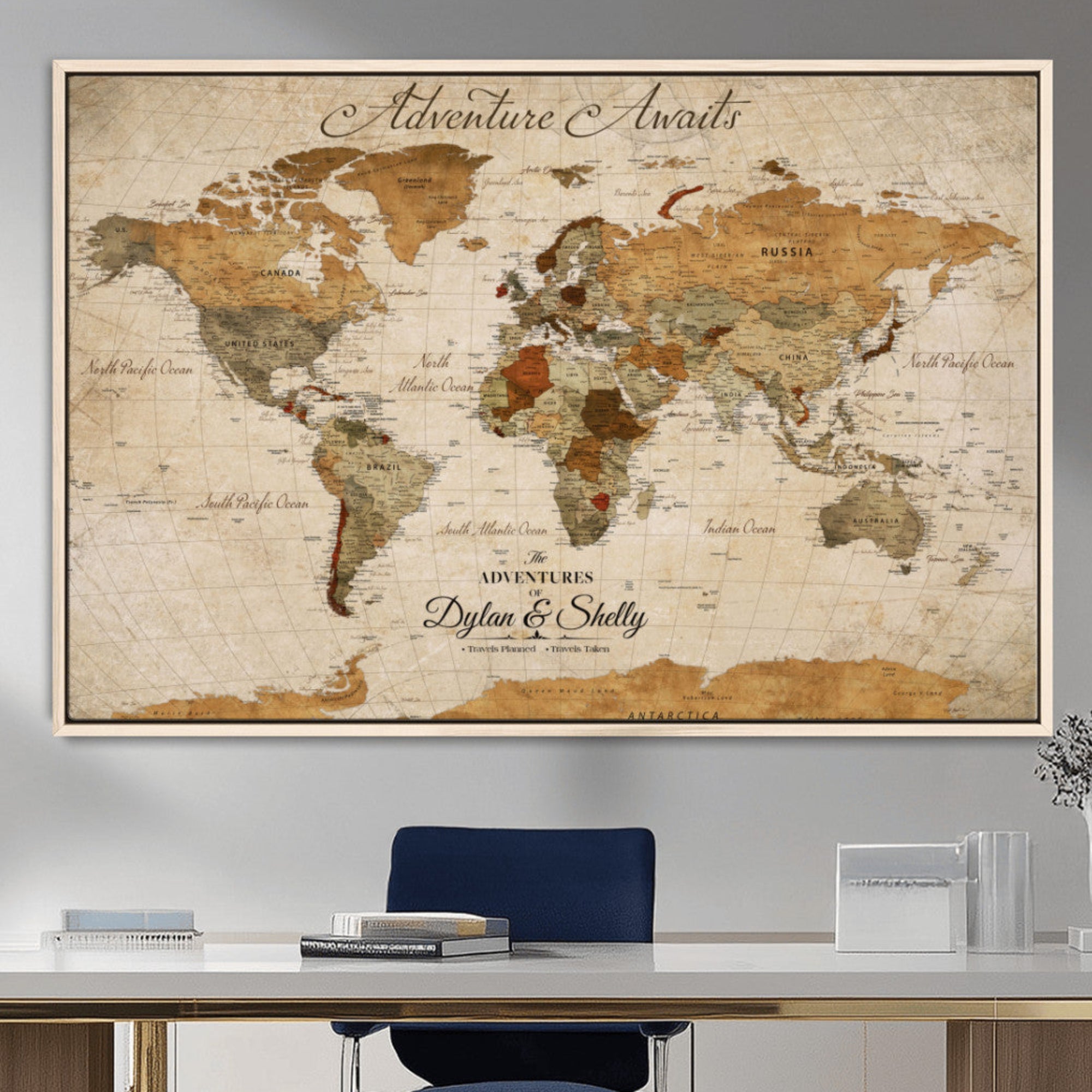 Rehber01-MGV-CV-36X24-Personalized Push Pin World Map Canvas Print – Custom Adventure Travel Map, Framed Wall Art Gift for Couples or Family