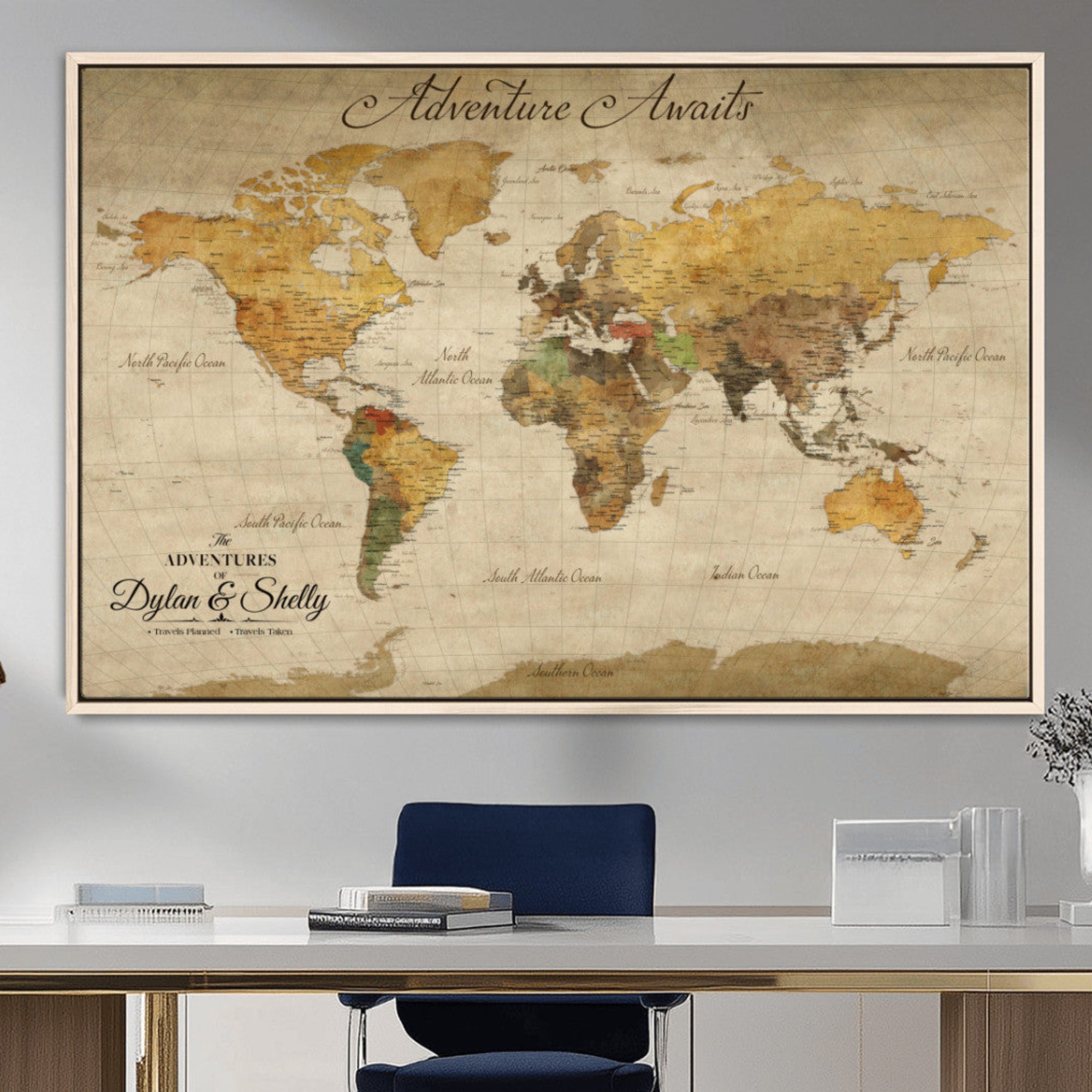Rehber01-MGV-CV-36X24-Personalized World Map Canvas – Custom Framed Push Pin Travel Map Wall Art, Rustic Vintage Gift for Couples and Travel Lovers
