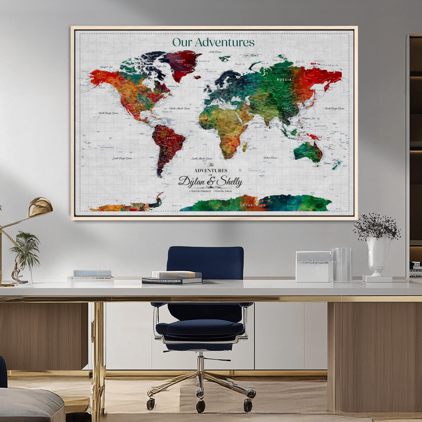 50035254-MGV-CV-36X24-Watercolor Personalized World Map Canvas Print - Customizable Push Pin Framed World Map Print - Custom Quote on Map Print