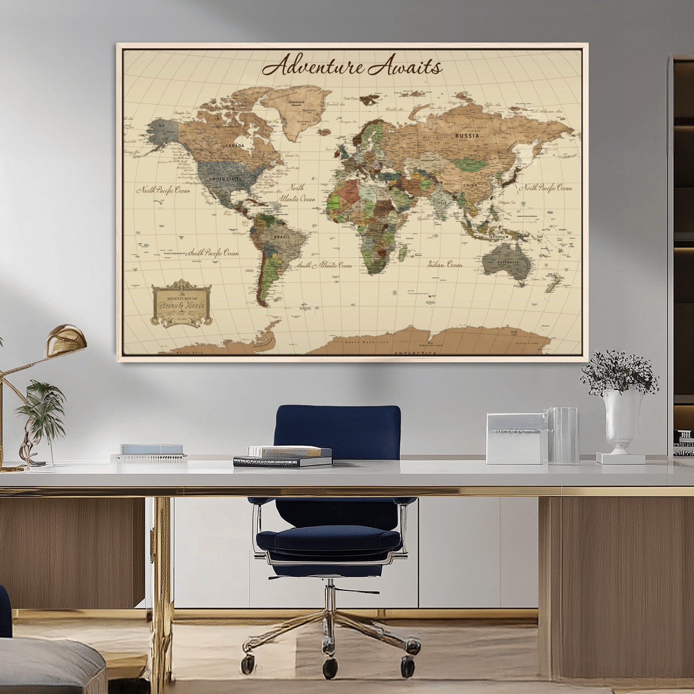 31875069-MGV-CV-36X24-Custom Push Pin World Map Wall Canvas Print – Personalized Travel Tracker with Pins – Framed Custom Quotie Canvas for Home Office Decoration