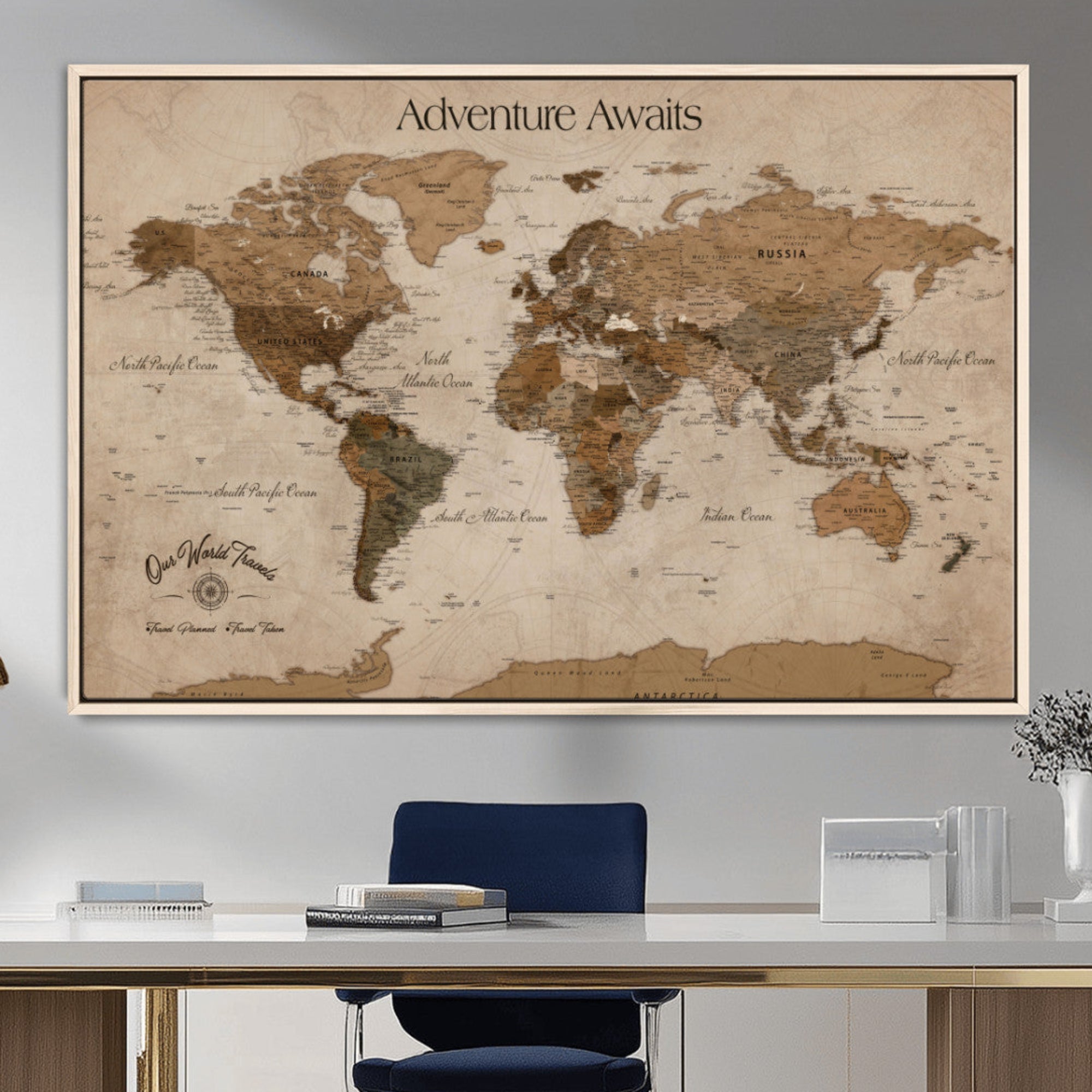 Rehber01-MGV-CV-36X24-Personalized Framed World Map Wall Art Canvas – Custom Push Pin Travel Map with 100 Pins Foam Backing for Home Office