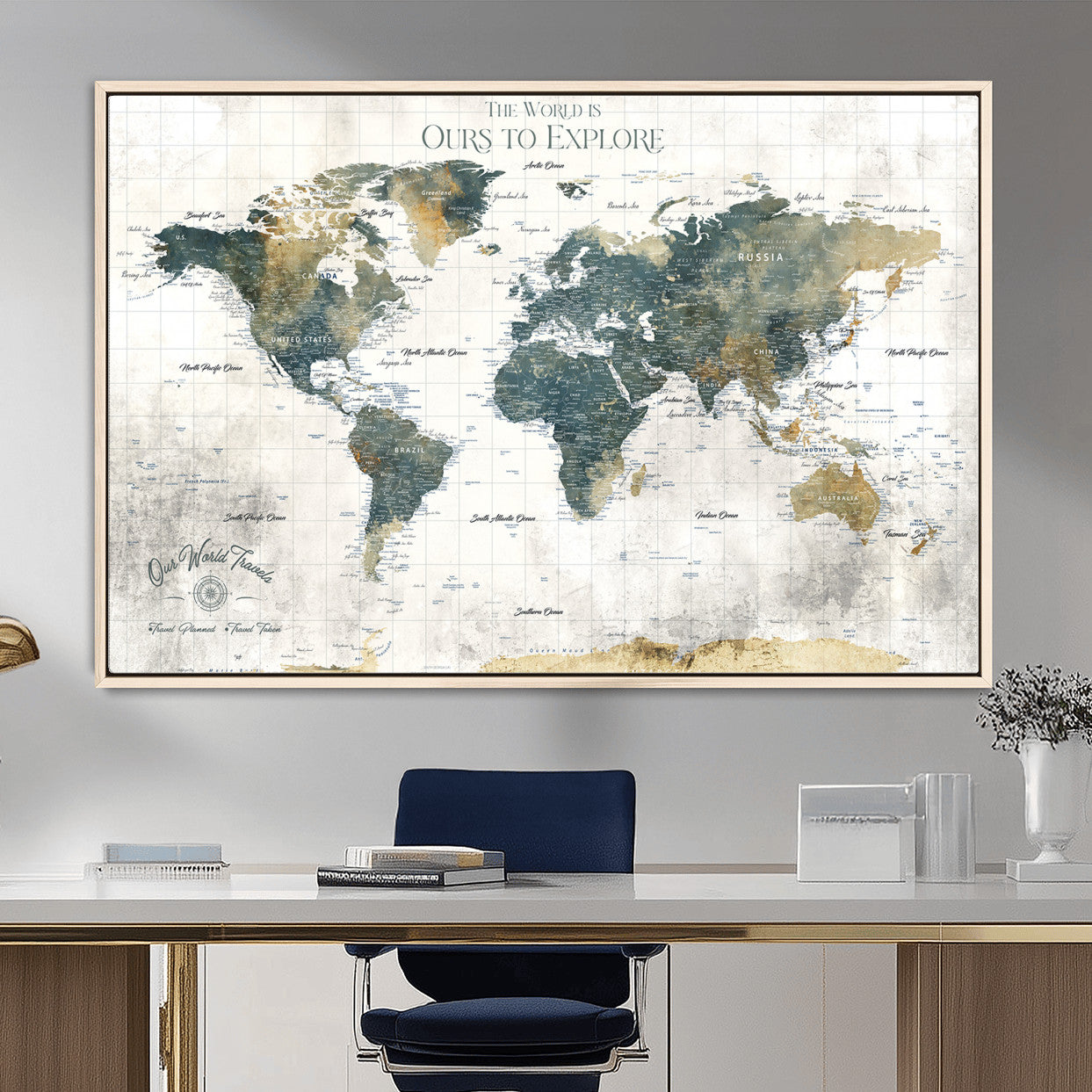 14988581-MGV-FC-36X24 - Custom Push Pin World Map Wall Canvas Print – Personalized Travel Tracker with Pins – Framed Custom Quotie Canvas for Home Office Decor