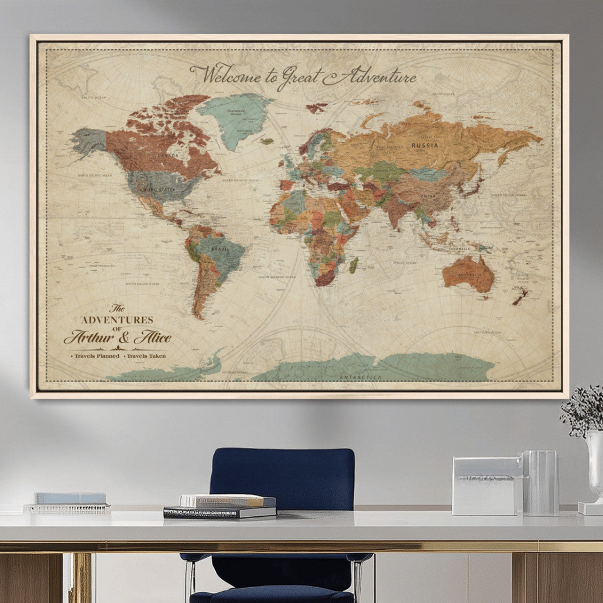 Rehber01-MGV-CV-36X24-Personalized Antique World Map Canvas Print – Custom Push Pin Travel Map Vintage Gift for Couples Explorers for Home, Office