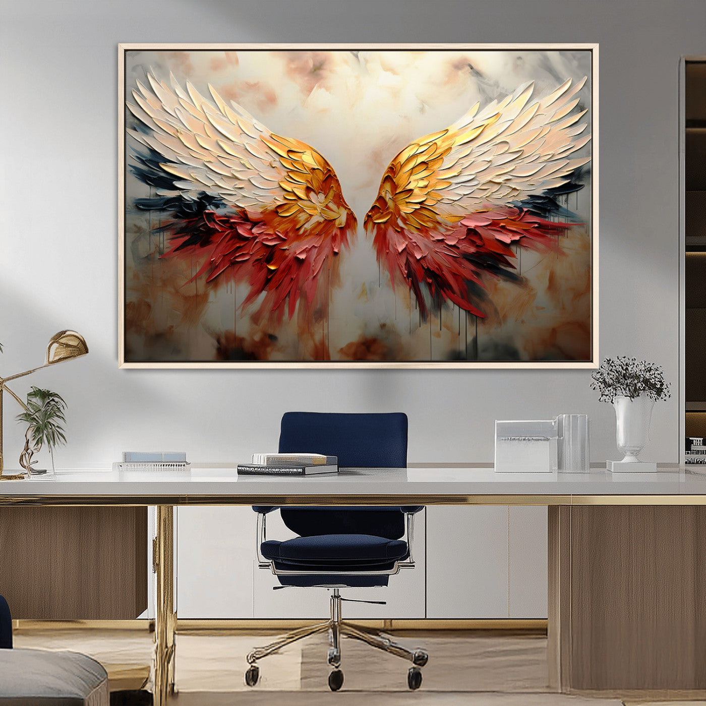 A stunning 3D-style painting of angel wings with vibrant gold, red, and black hues, creating a dramatic and striking visual effect.